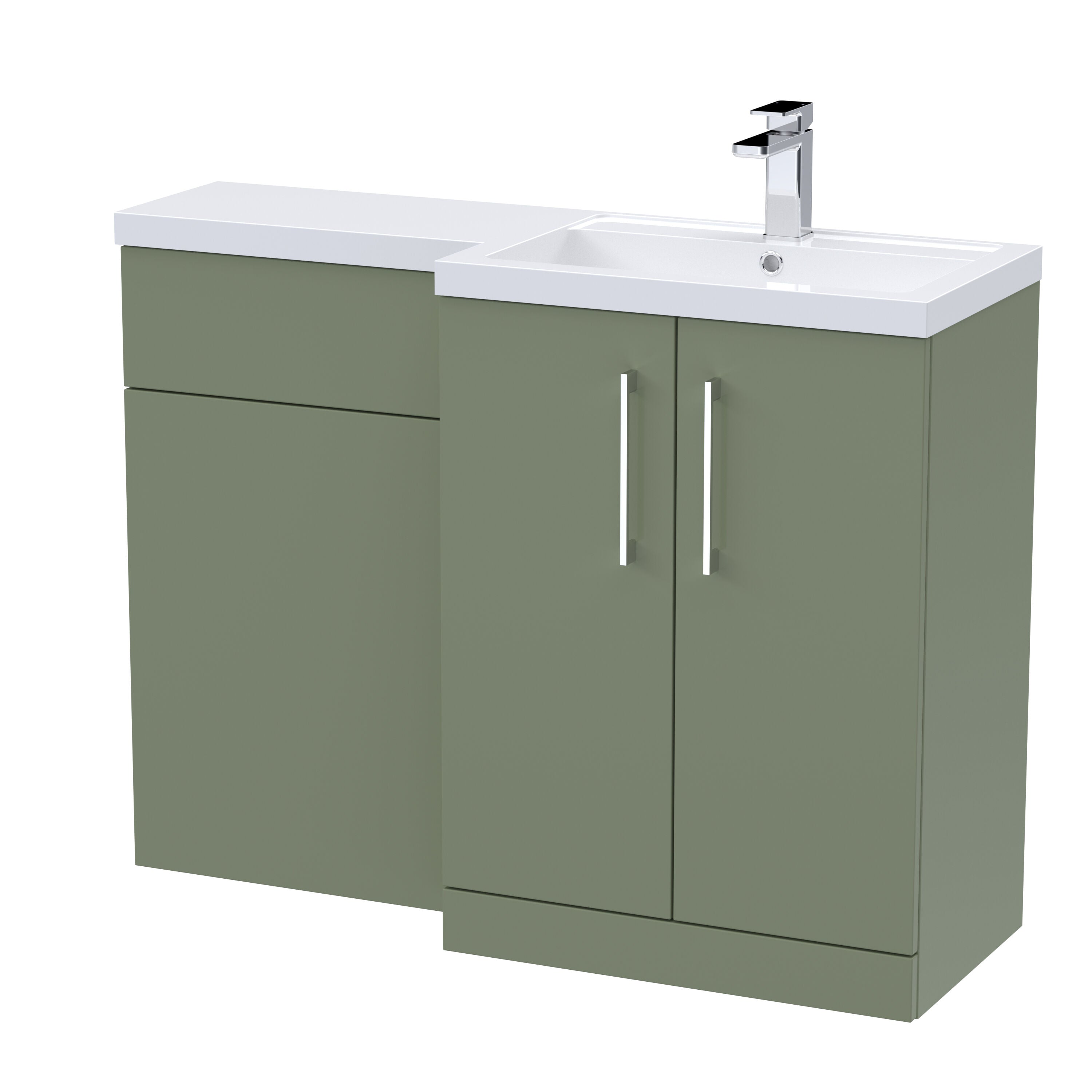 nuie Arno 1100mm Satin Green 2 Door Floor Standing Right-Hand Combination Unit With Polymarble Basin