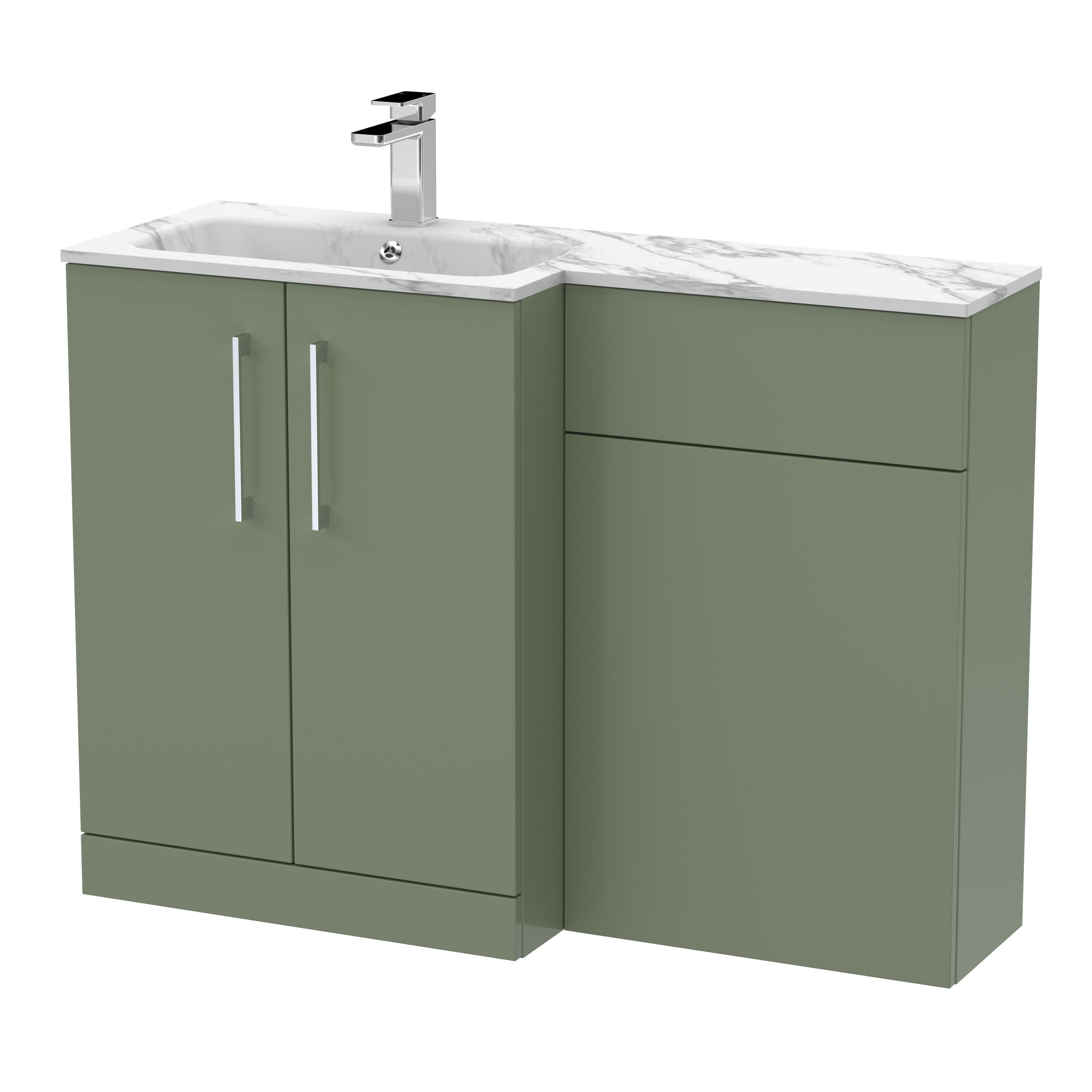 nuie Arno 1100mm Satin Green 2 Door Floor Standing Left-Hand Combination Unit With Stone Basin
