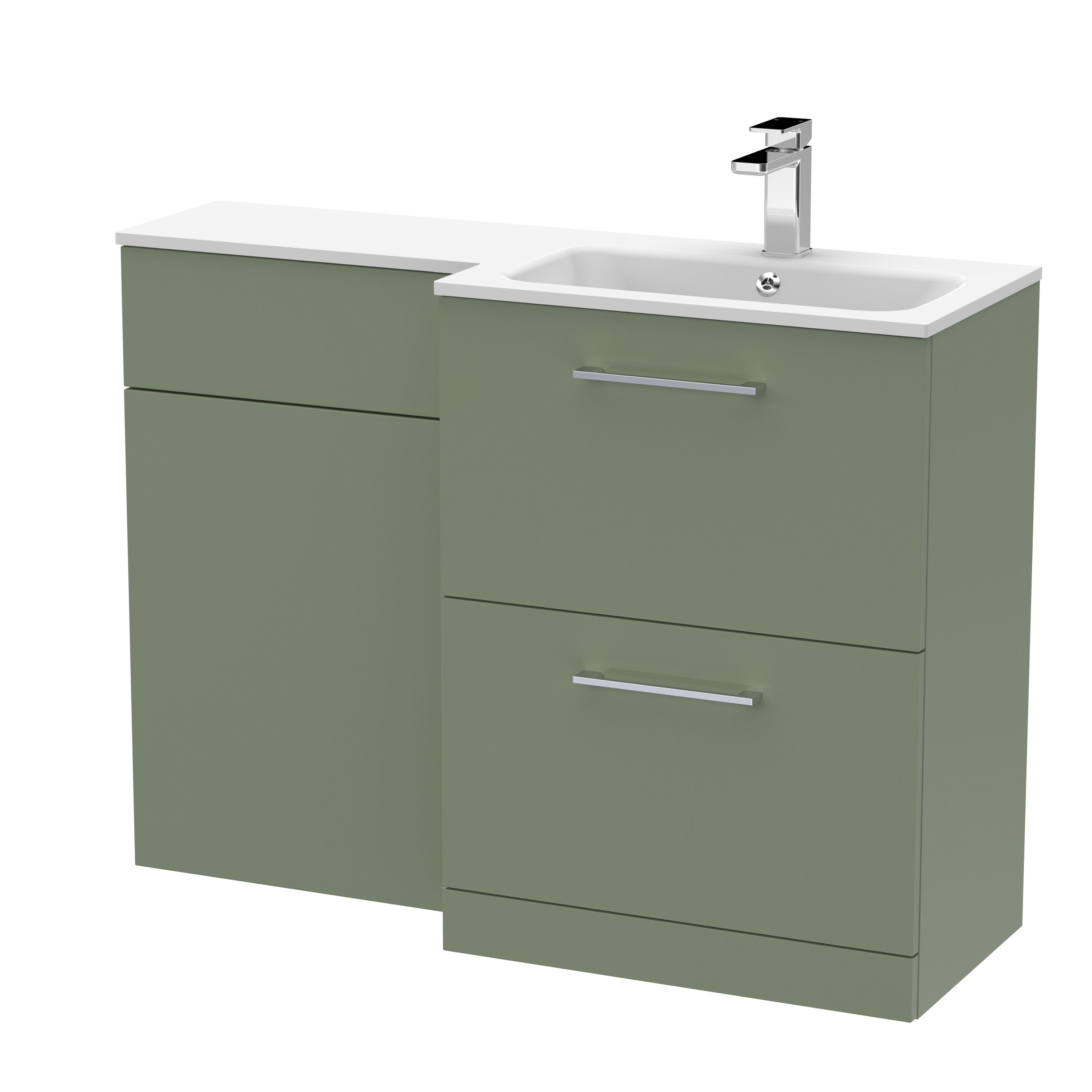 nuie Arno 1100mm Satin Green 2 Drawer Floor Standing Right-Hand Combination Unit With Stone Basin