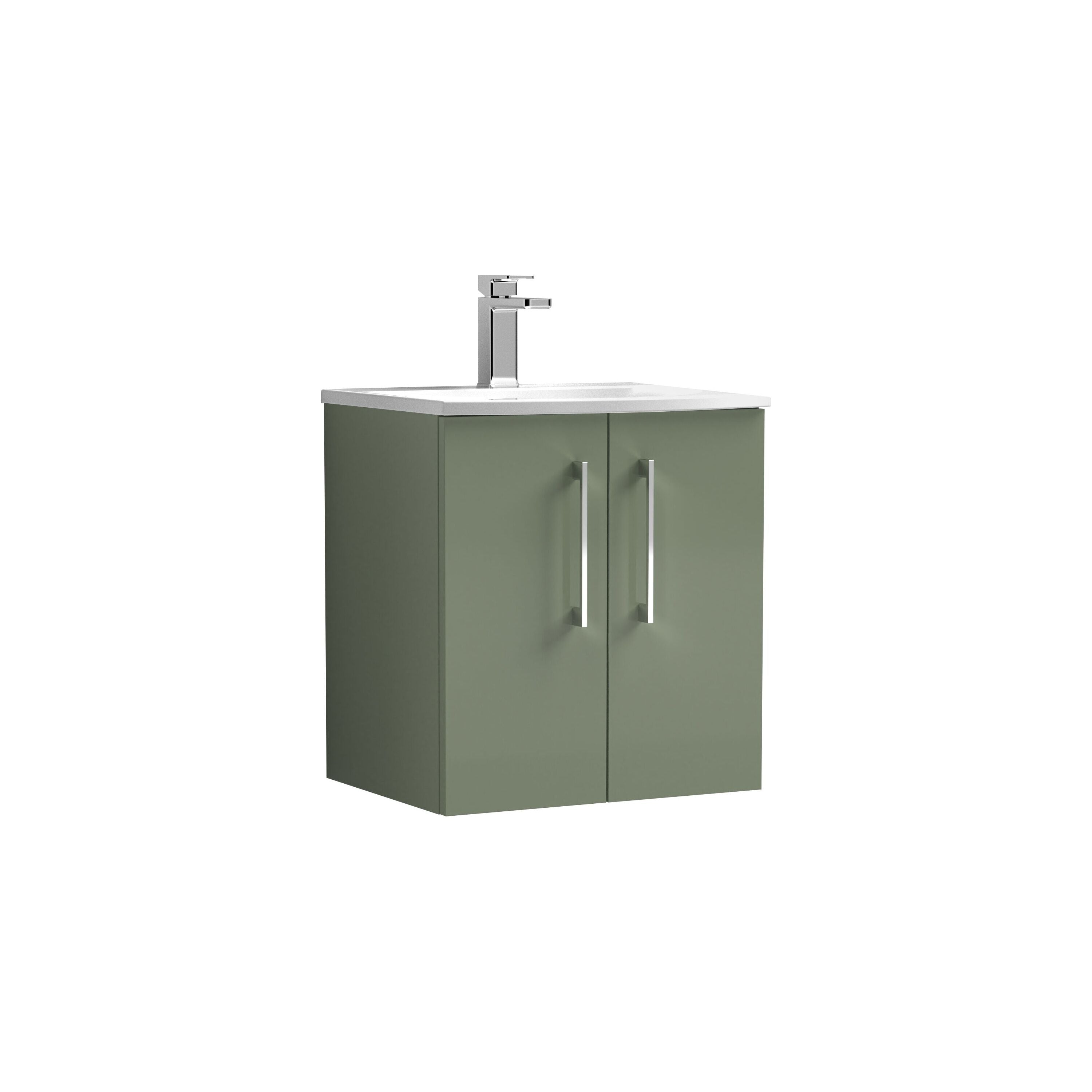 nuie Arno 500mm Satin Green 2 Door Wall Hung Vanity Unit With Curved Basin