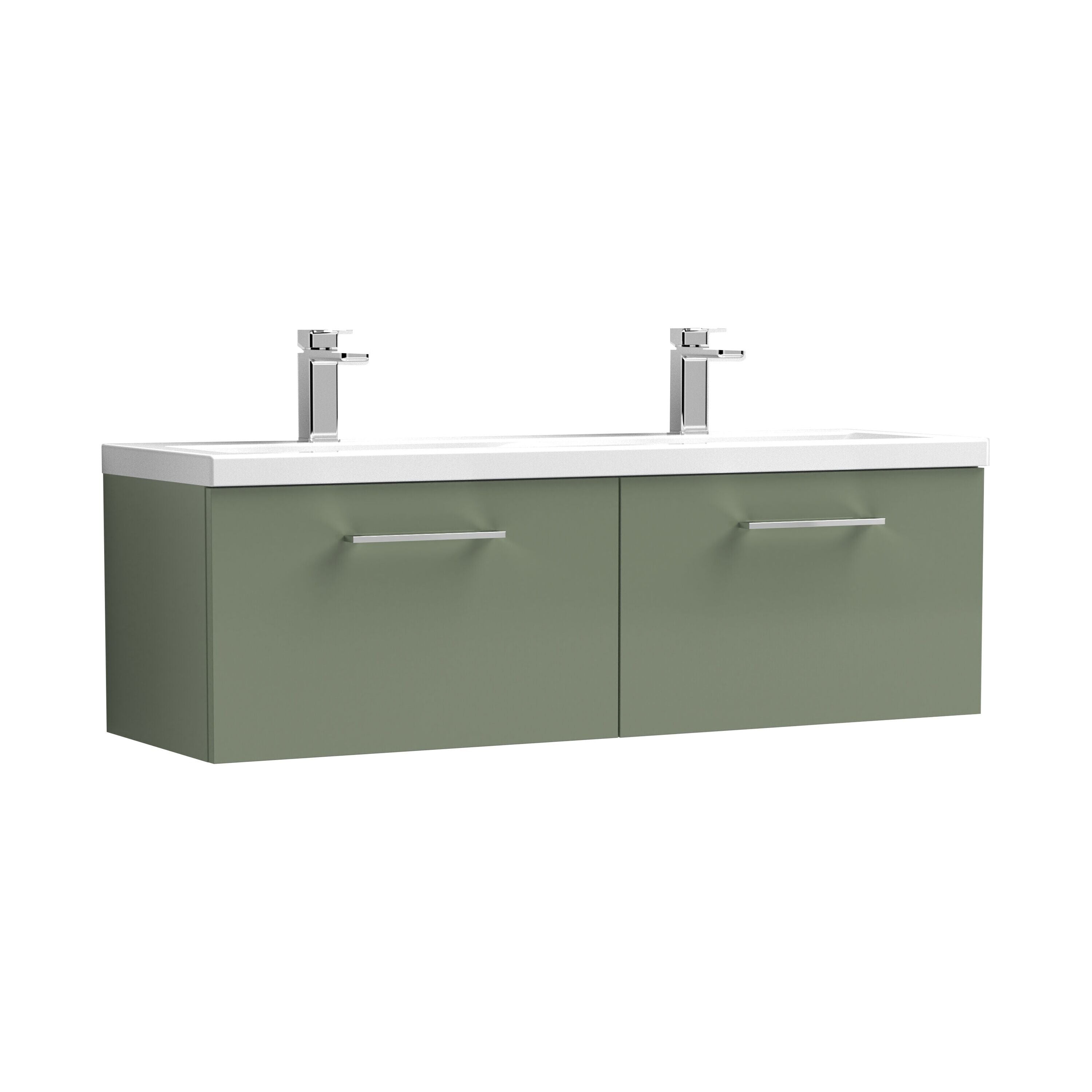 nuie Arno 1200mm Satin Green 2 Drawer Wall Hung Vanity Unit With 2 Tap Hole Ceramic Basin