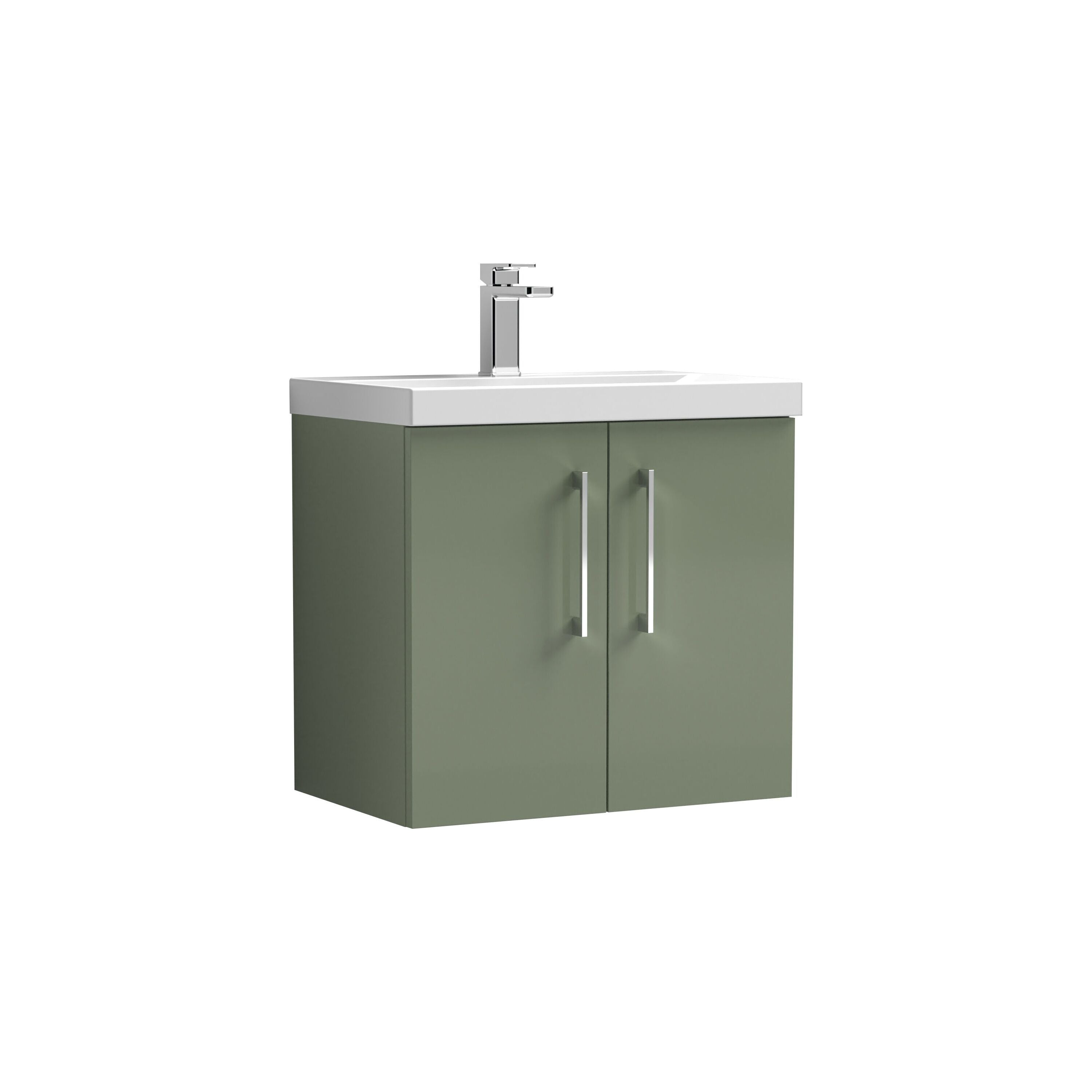 nuie Arno 600mm Satin Green 2 Door Wall Hung Vanity Unit With Mid-Edge Basin