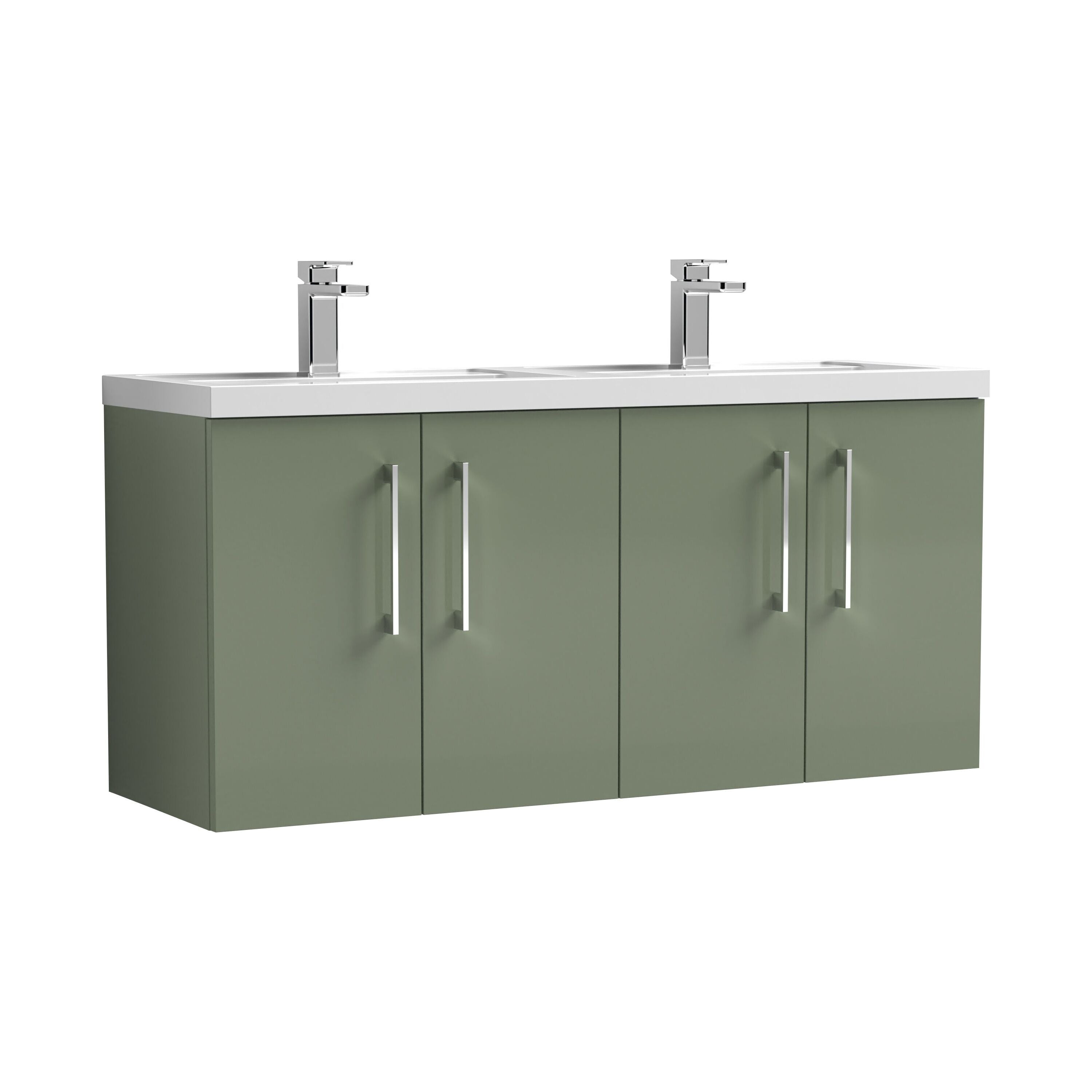 nuie Arno 1200mm Satin Green 4 Door Wall Hung Vanity Unit With 2 Tap Hole Polymarble basin