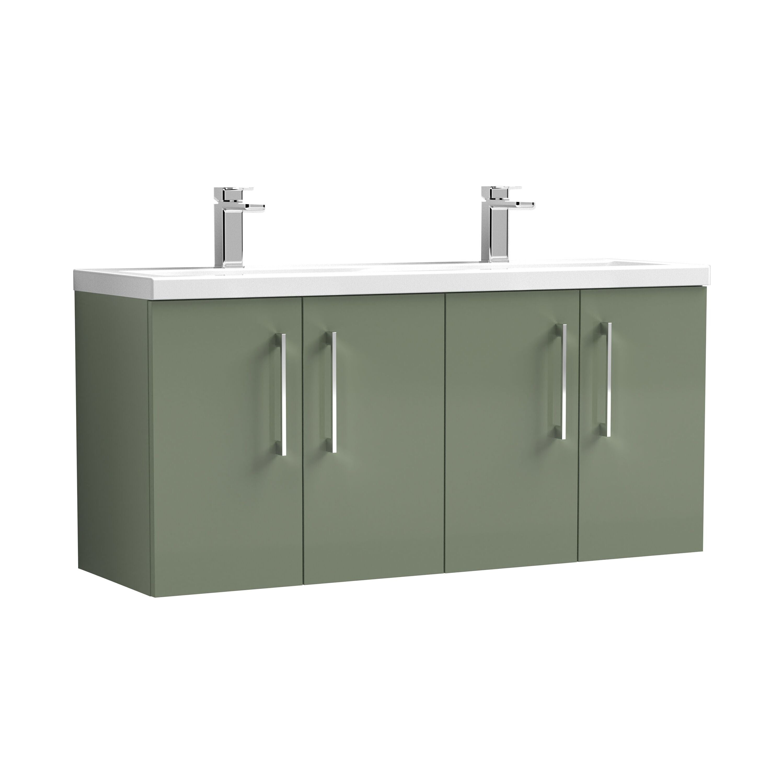 nuie Arno 1200mm Satin Green 4 Door Wall Hung Vanity Unit With 2 Tap Hole Ceramic Basin