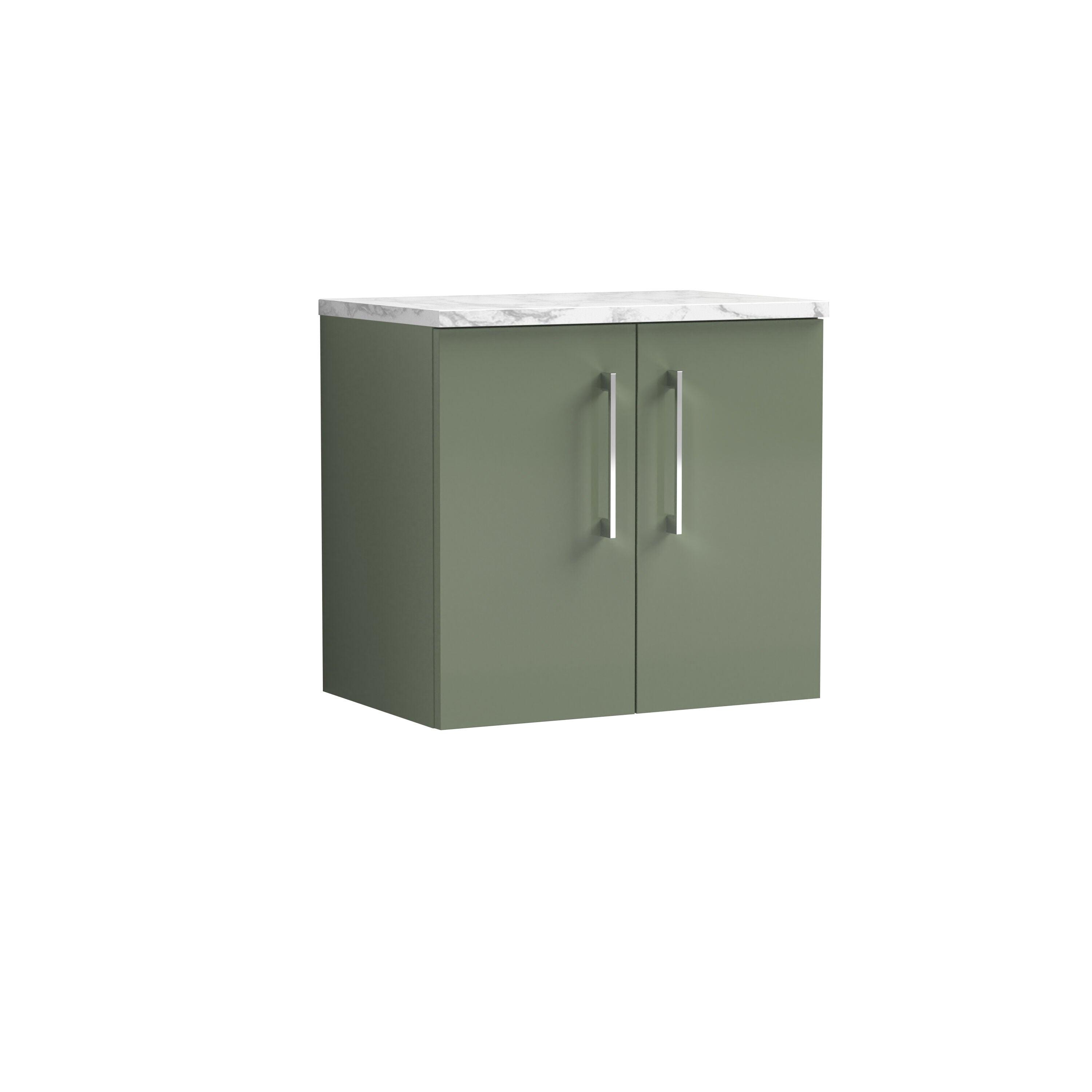 nuie Arno 600mm Satin Green 2 Door Wall Hung Vanity Unit With Carrara Laminate Worktop