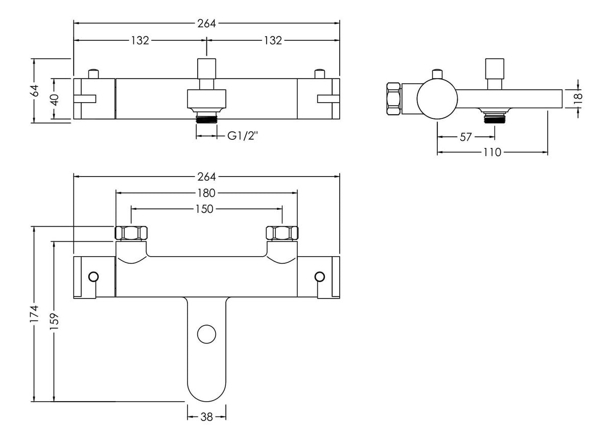 nuie Arvan Chrome Wall Mounted Bath Shower Mixer - Technical drawing