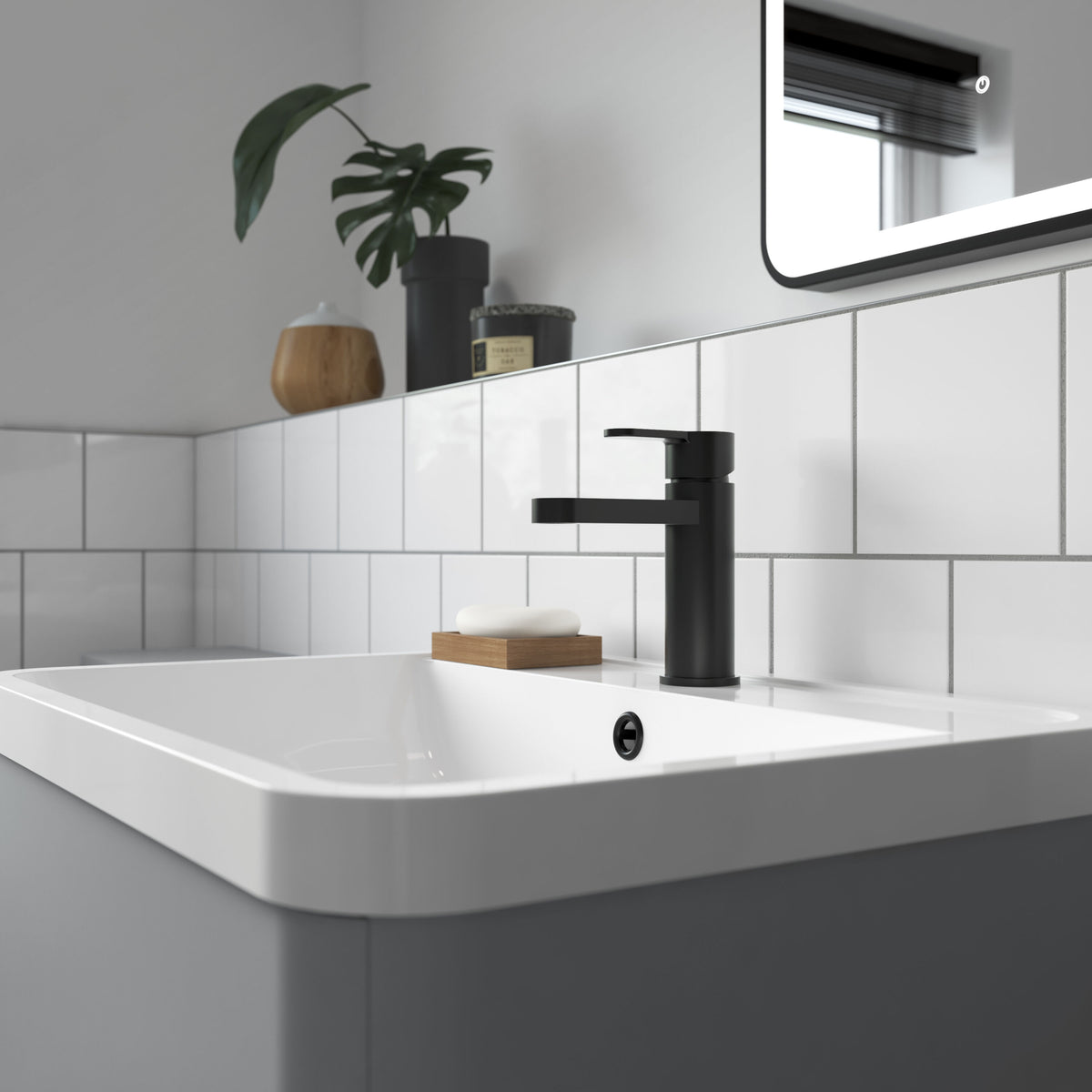 nuie Arvan Matt Black Mono Basin Mixer With Push Button Waste - Lifestyle image