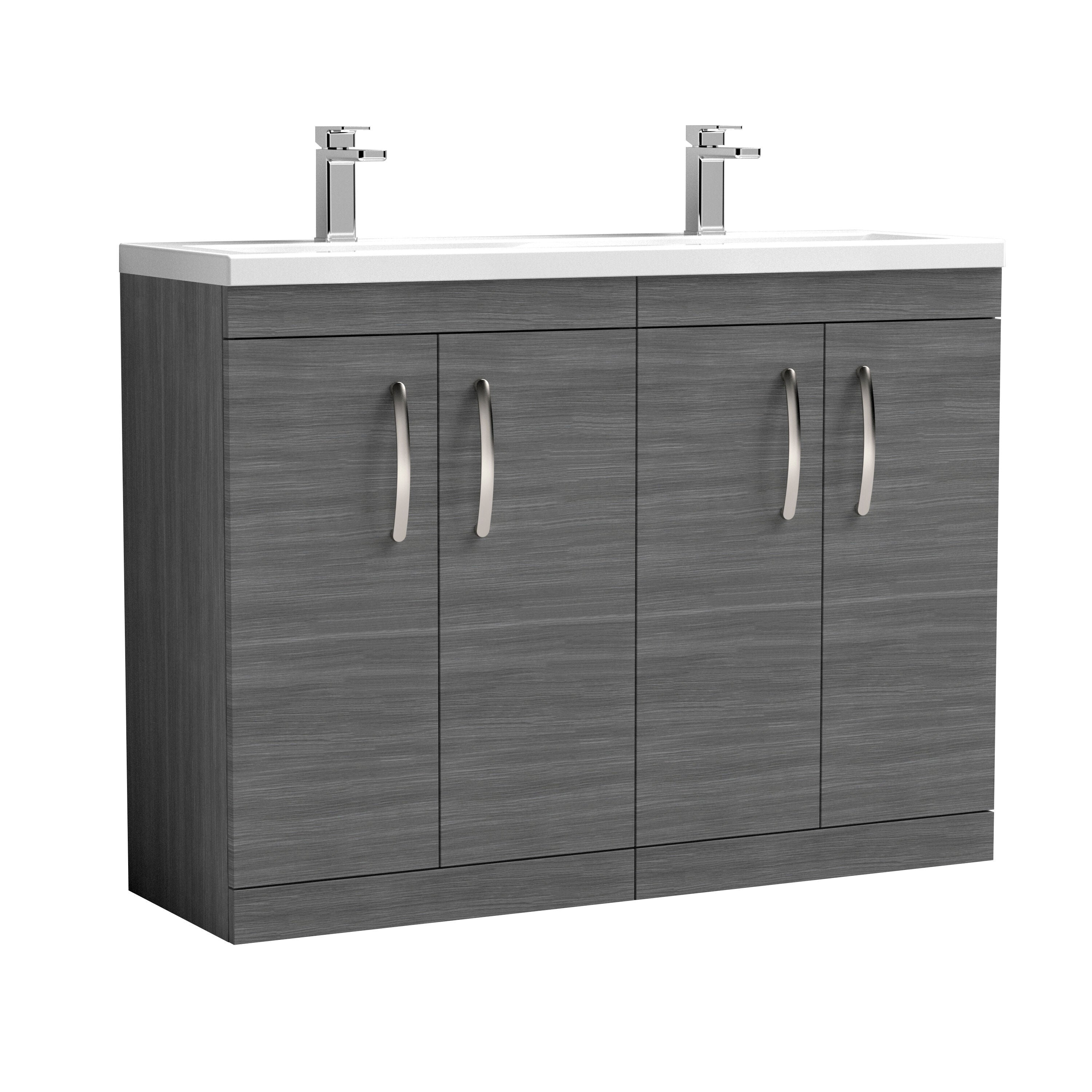 nuie Athena 1200mm Anthracite Woodgrain 4 Door Floor Standing Cabinet With 2 Tap Hole Ceramic Basin