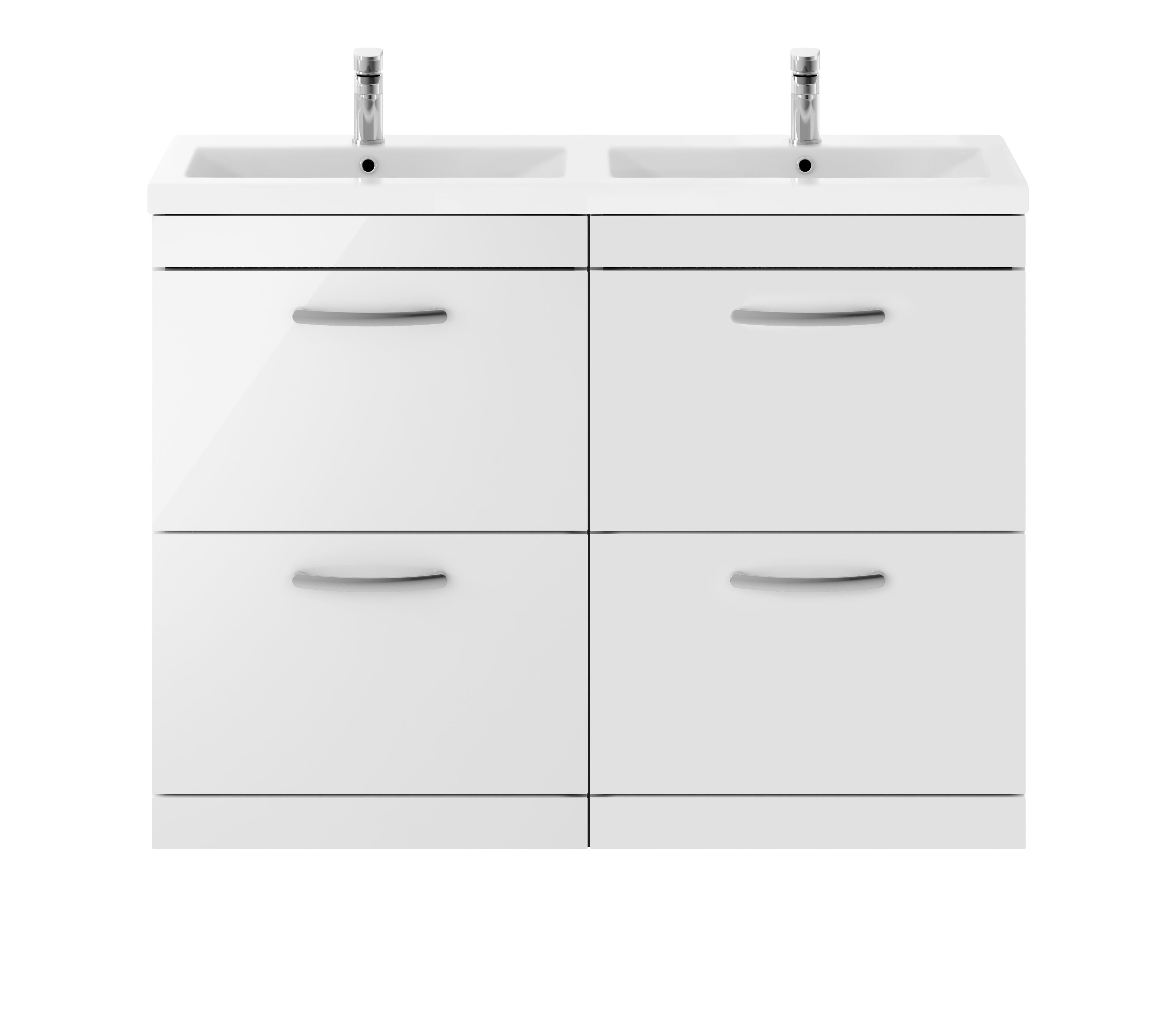 nuie Athena 1200mm Gloss White 4 Drawer Floor Standing Cabinet With 2 Tap Hole Ceramic Basin