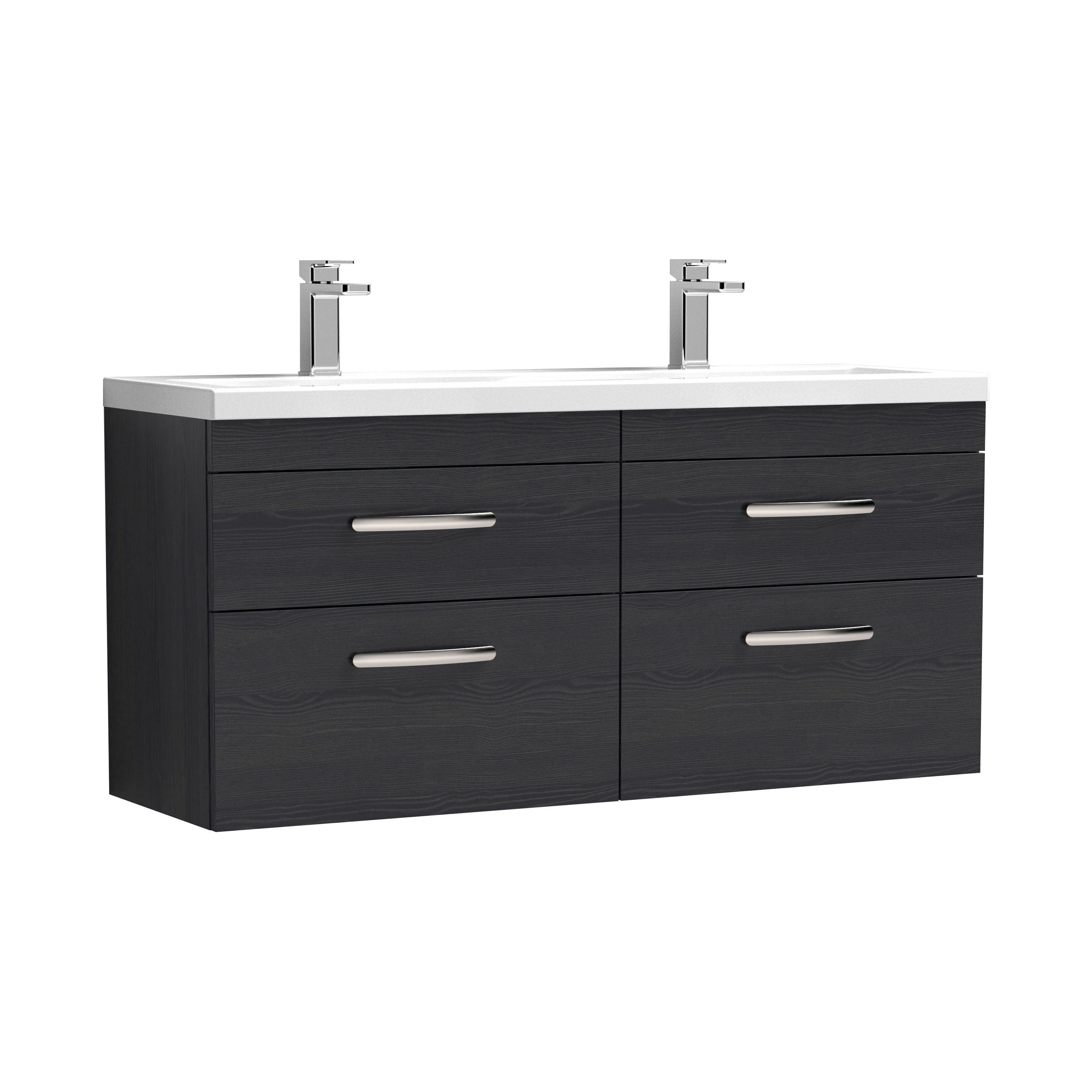 nuie Athena 1200mm Charcoal Black 4 Drawer Wall Hung Cabinet With 2 Tap Hole Ceramic Basin