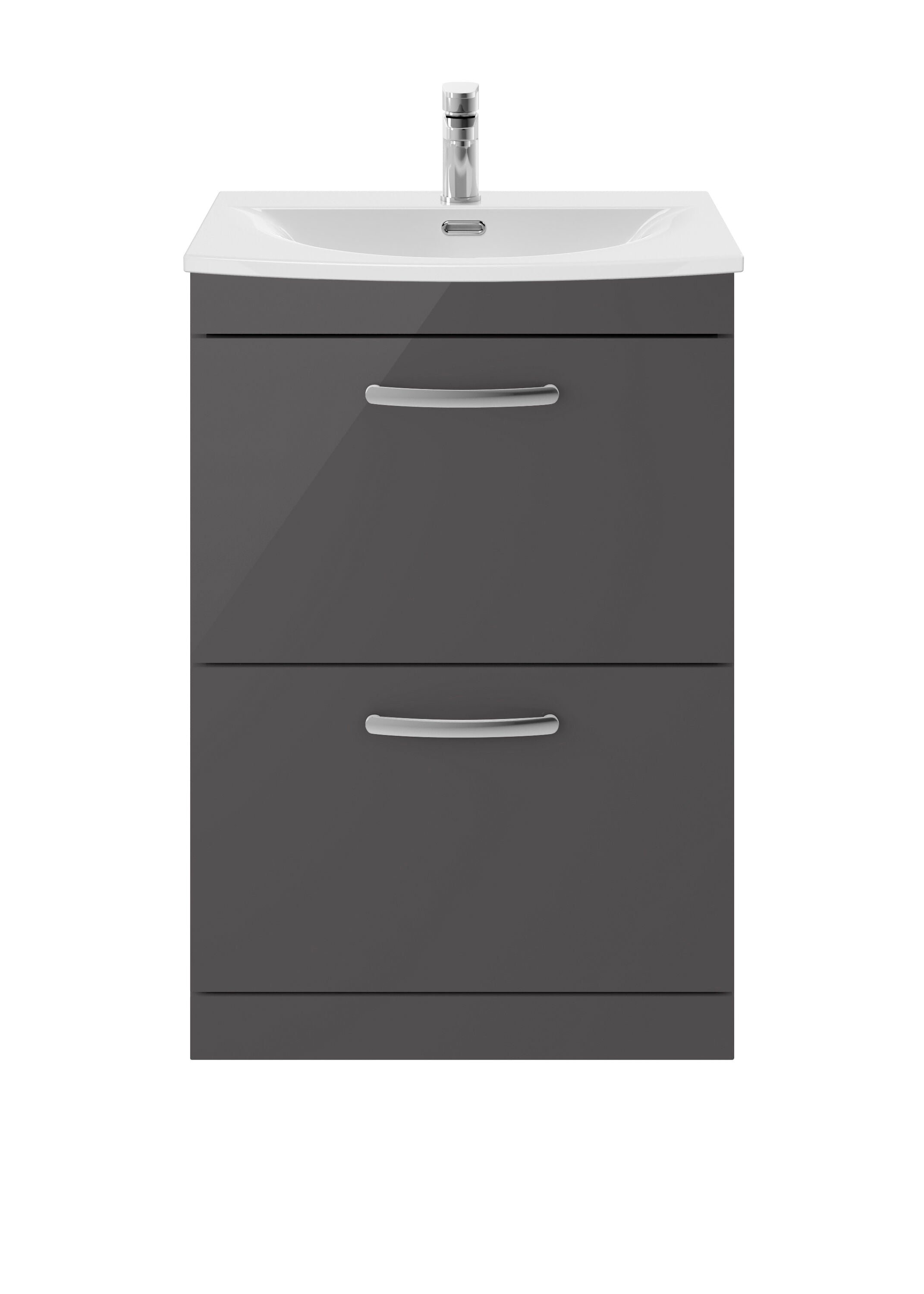 nuie Athena 600mm Gloss Grey 2 Drawer Floor Standing Cabinet With Curved Basin
