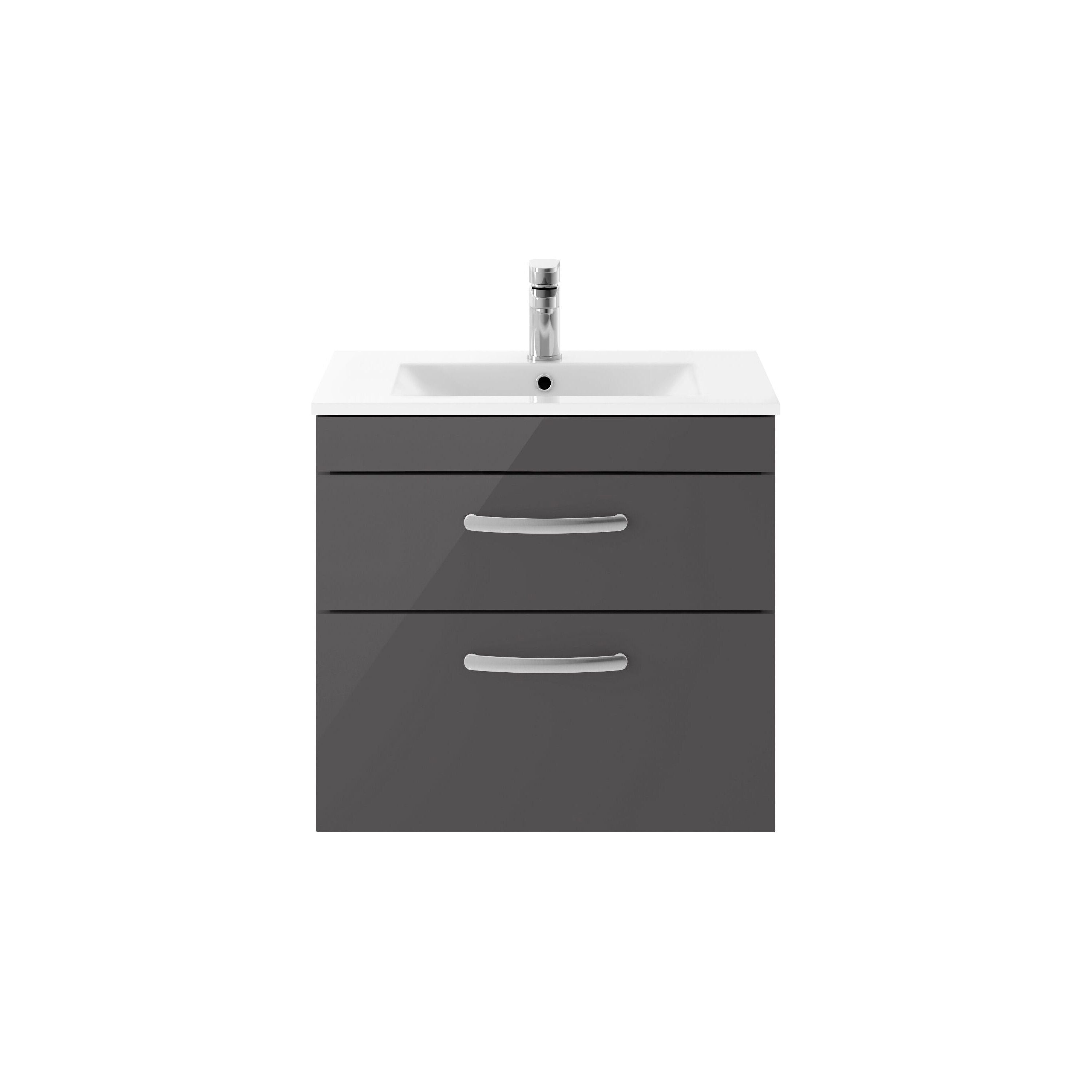 nuie Athena 600mm Gloss Grey 2 Drawer Wall Hung Cabinet With Minimalist Basin