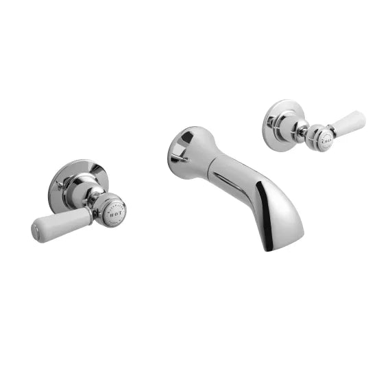 Bayswater Chrome 3-Hole Wall Mounted Basin Mixer With Spout Lever & Domed Collar