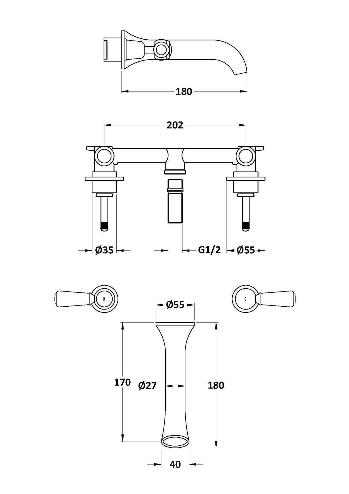 Bayswater Chrome 3-Hole Wall Mounted Basin Mixer With Spout Lever & Domed Collar - Technical drawing