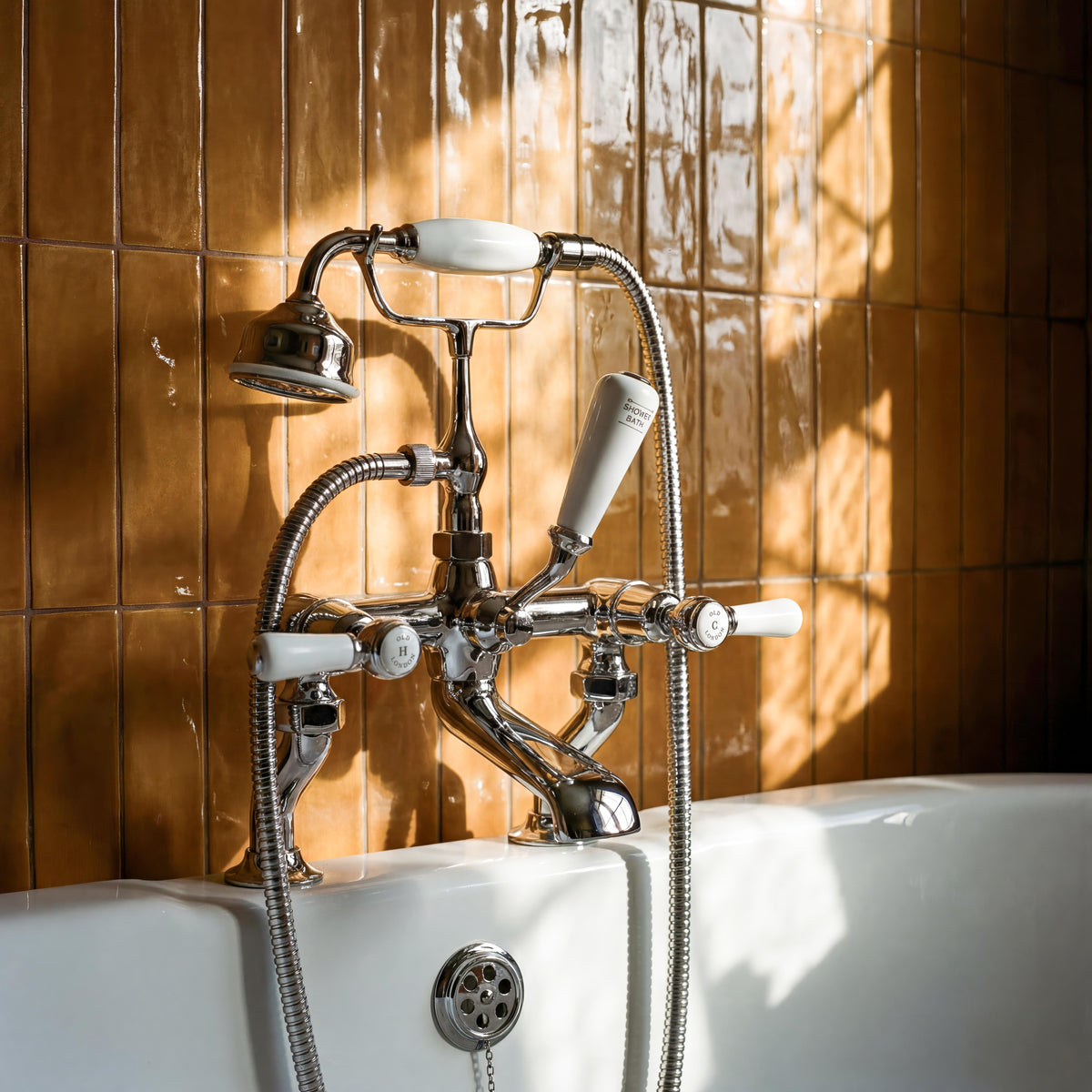Old London Topaz Chrome/White Deck Mounted Bath Shower Mixer With Lever Handle - Lifestyle image