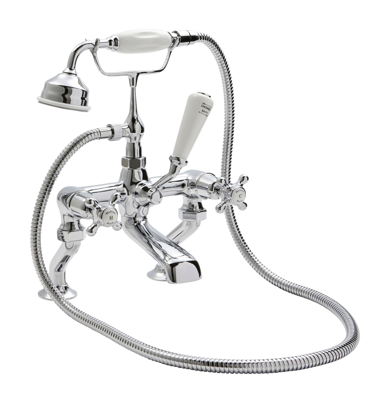 Old London Topaz /White Deck Mounted Bath Shower Mixer With Dome Collar and Crosshead Handle