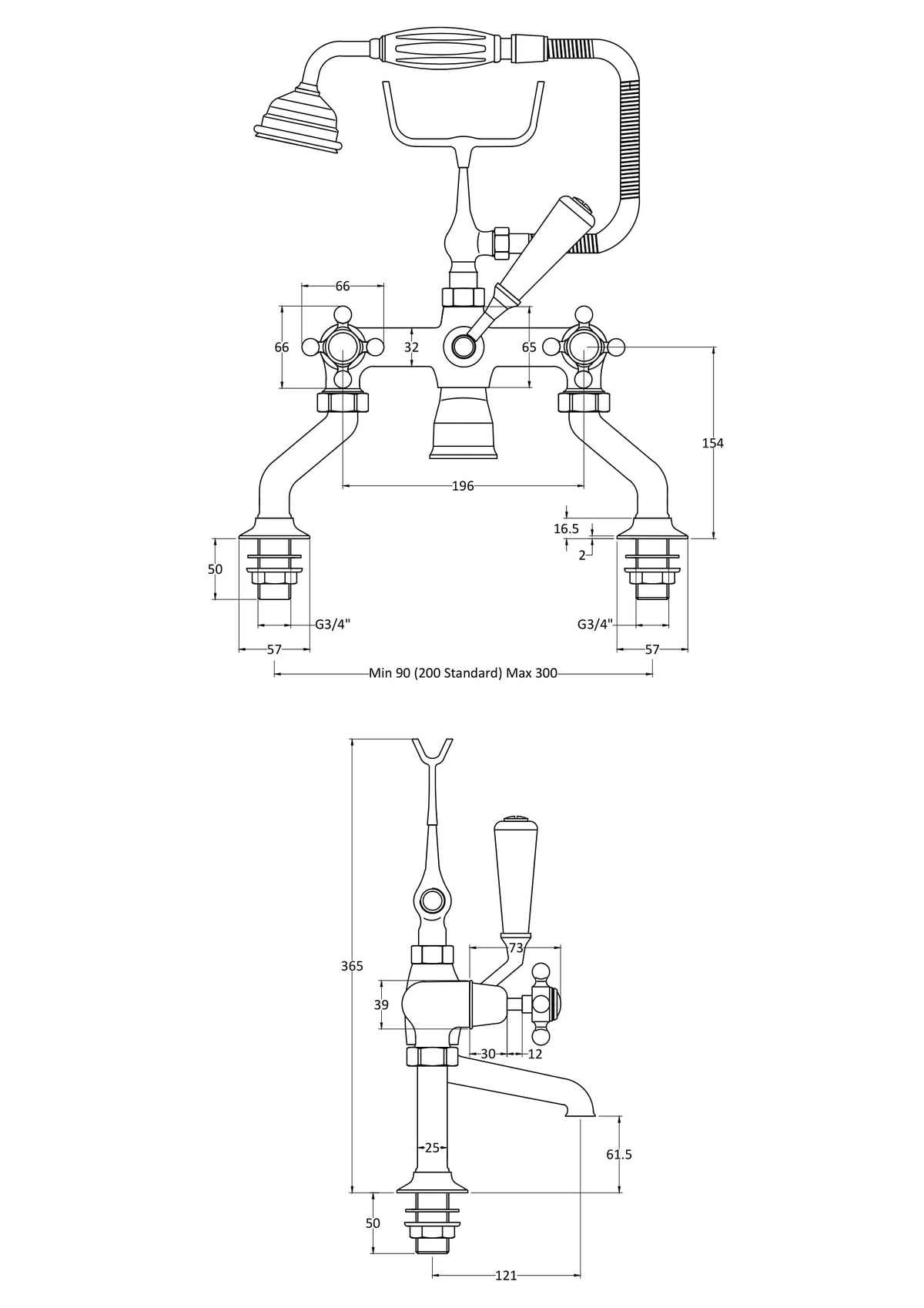 Old London Topaz Chrome/White Deck Mounted Bath Shower Mixer With Dome Collar and Crosshead Handle - Technical drawing
