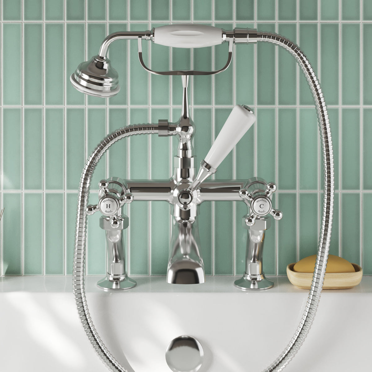 Old London Topaz Chrome/White Deck Mounted Bath Shower Mixer With Dome Collar and Crosshead Handle - Lifestyle image