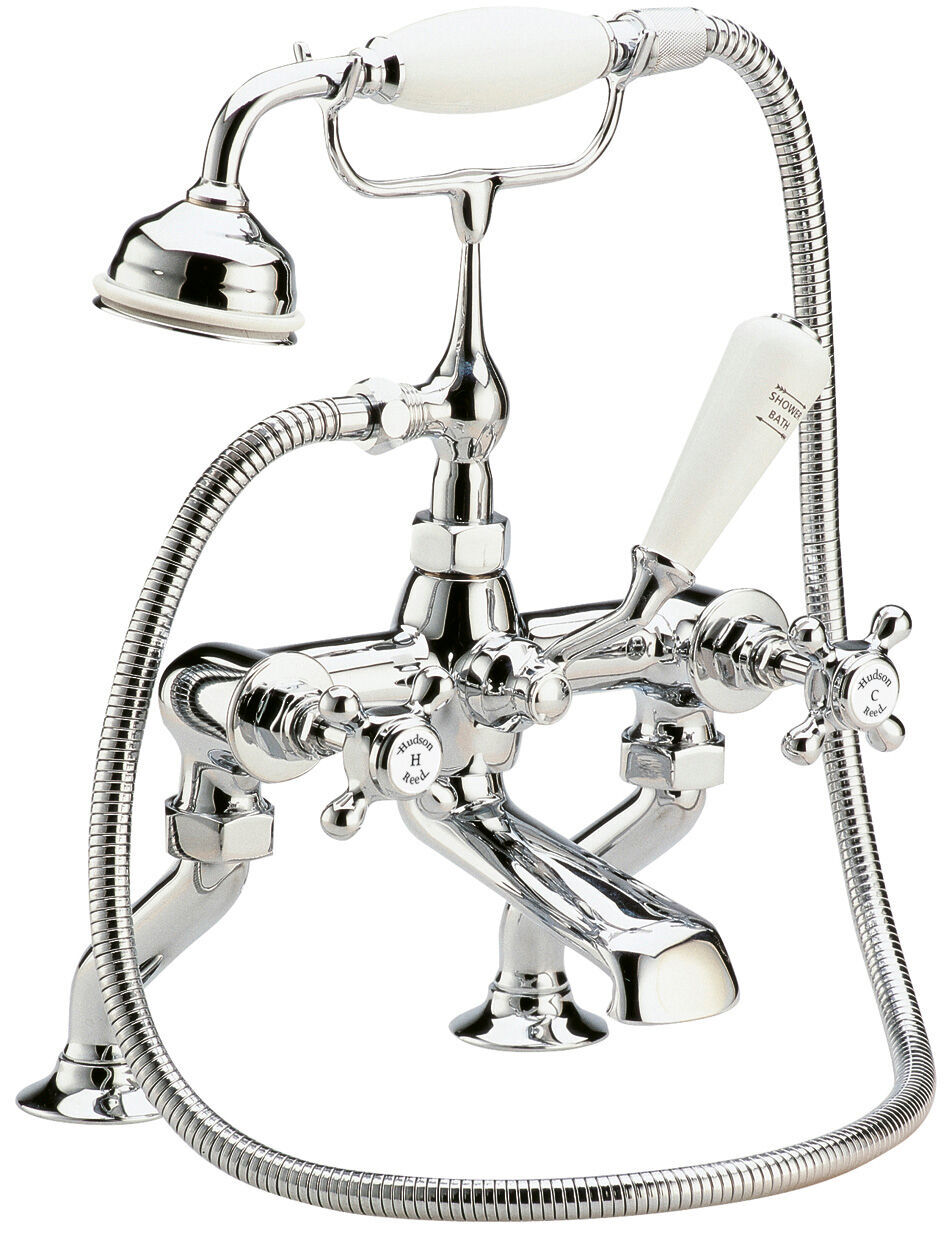 Old London Topaz /White Deck Mounted Bath Shower Mixer With Hexagonal Collar and Crosshead Handle