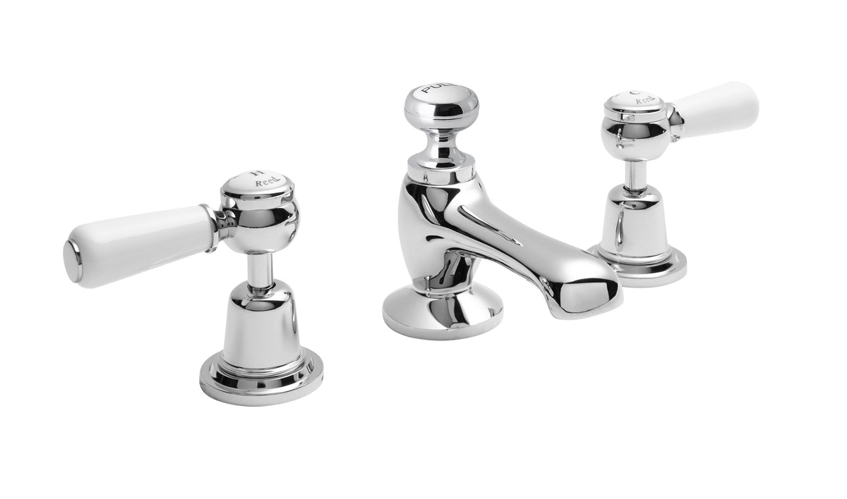 Old London Topaz /White 3 Tap Hole Basin Mixer With Dome Collar and Lever Handle and Waste