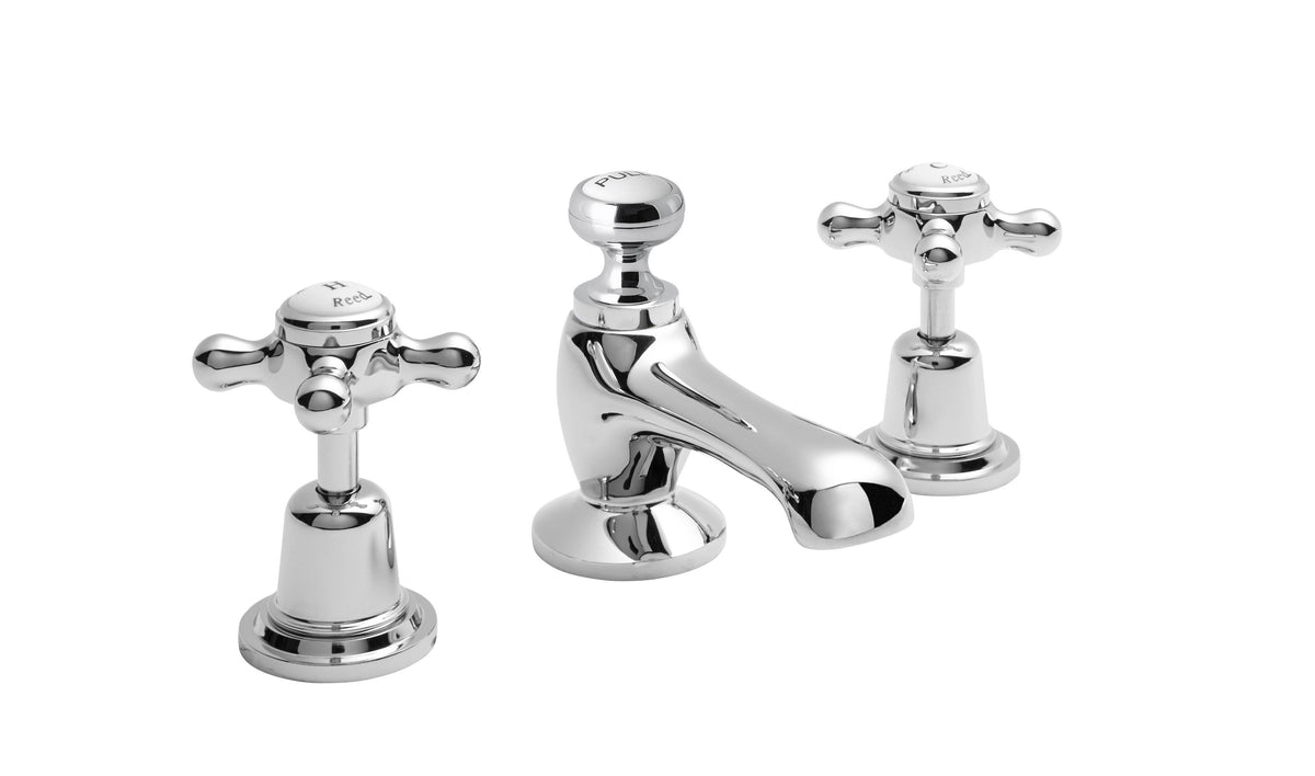Old London Topaz /White 3 tap Hole Basin Mixer With Dome Collar and Crosshead Handle and Waste