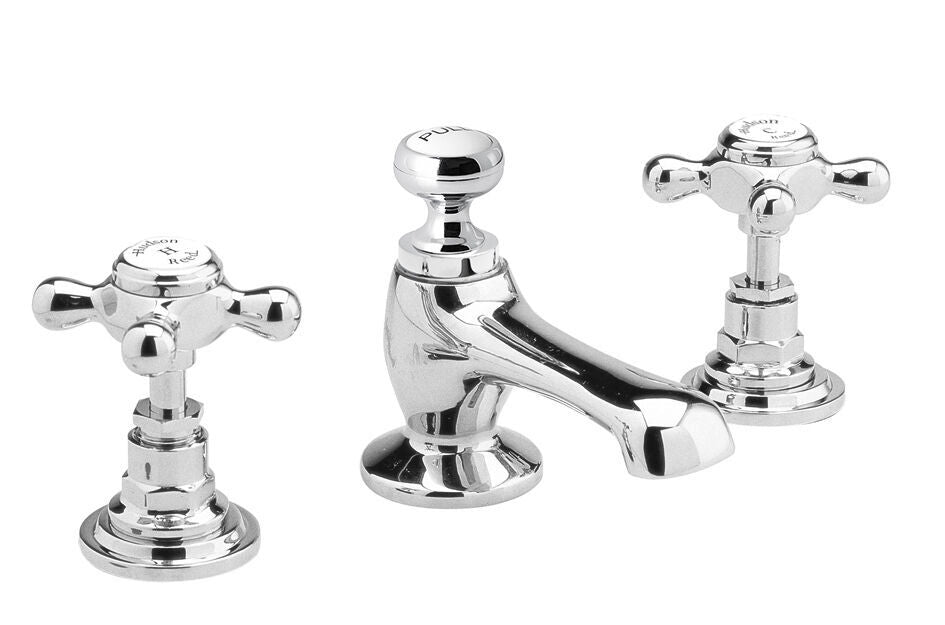 Old London Topaz /White 3 Tap Hole Basin Mixer With Hexagonal Collar and Crosshead Handle and Waste