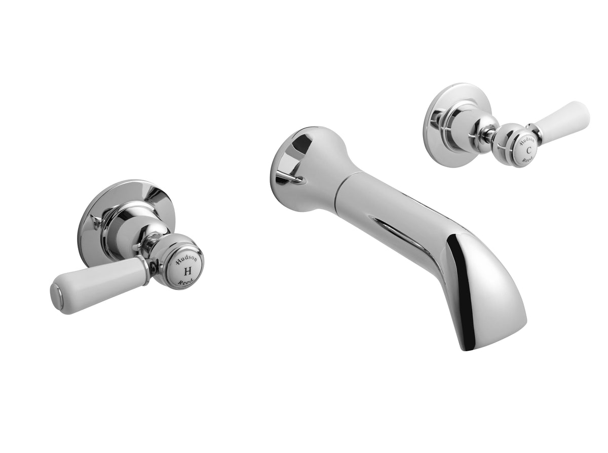 Old London Topaz /White 3 Tap Hole Wall Mounted Basin Mixer With Dome Collar and Lever Handle