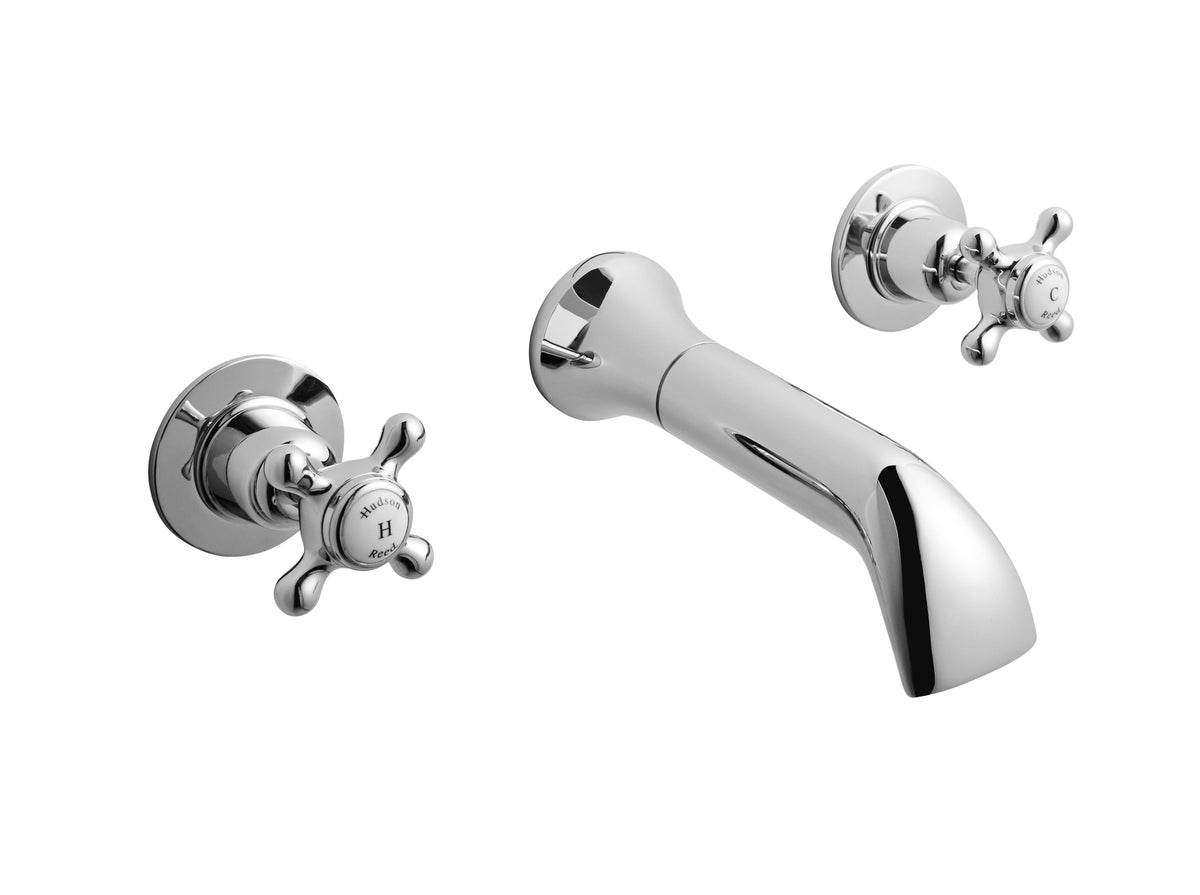 Old London Topaz /White 3 Tap Hole Wall Mounted Basin Mixer With Dome Collar and Crosshead Handle