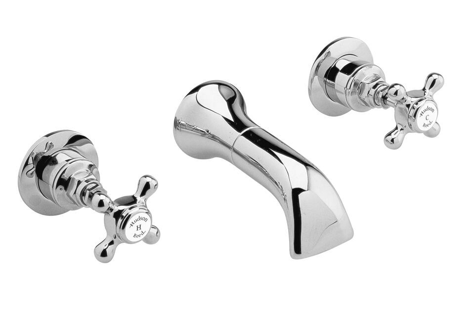 Old London Topaz /White 3 Tap Hole Wall Mounted Basin Mixer With Hexagonal Collar and Crosshead Handle