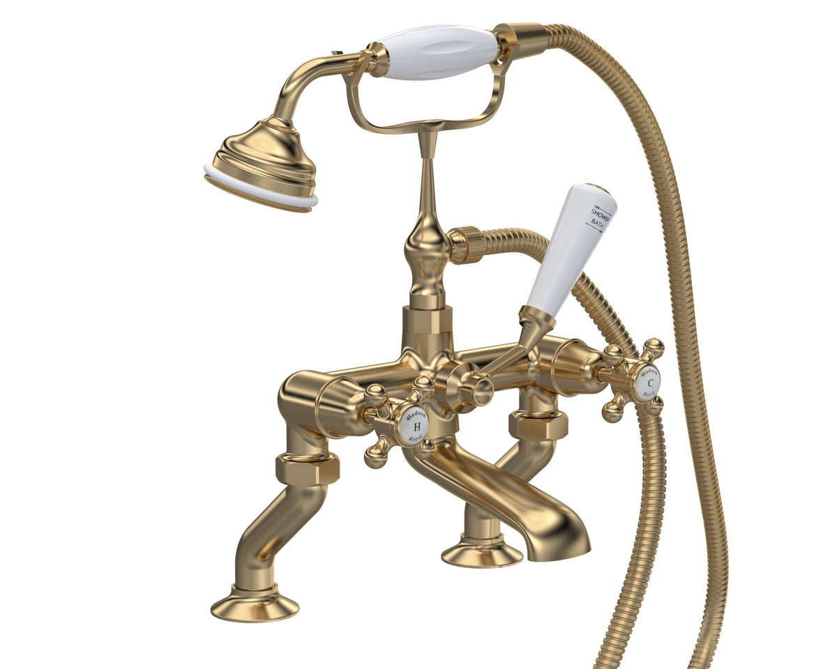 Old London Topaz /White Deck Mounted Bath Shower Mixer With Dome Collar and Crosshead Handle