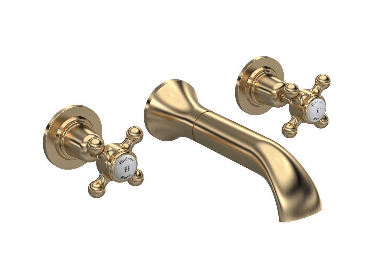 Old London Topaz /White 3 Tap Hole Wall Mounted Basin Mixer With Dome Collar and Crosshead Handle