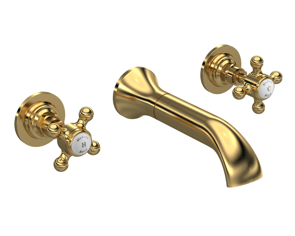 Old London Topaz /White 3 Tap Hole Wall Mounted Basin Mixer With Hexagonal Collar and Crosshead Handle