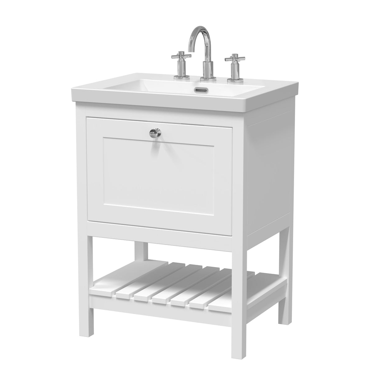 Old London Bexley 600mm 1 Drawer Floor Standing Vanity Unit With 3 Tap Holes Contemporary Fireclay Basin