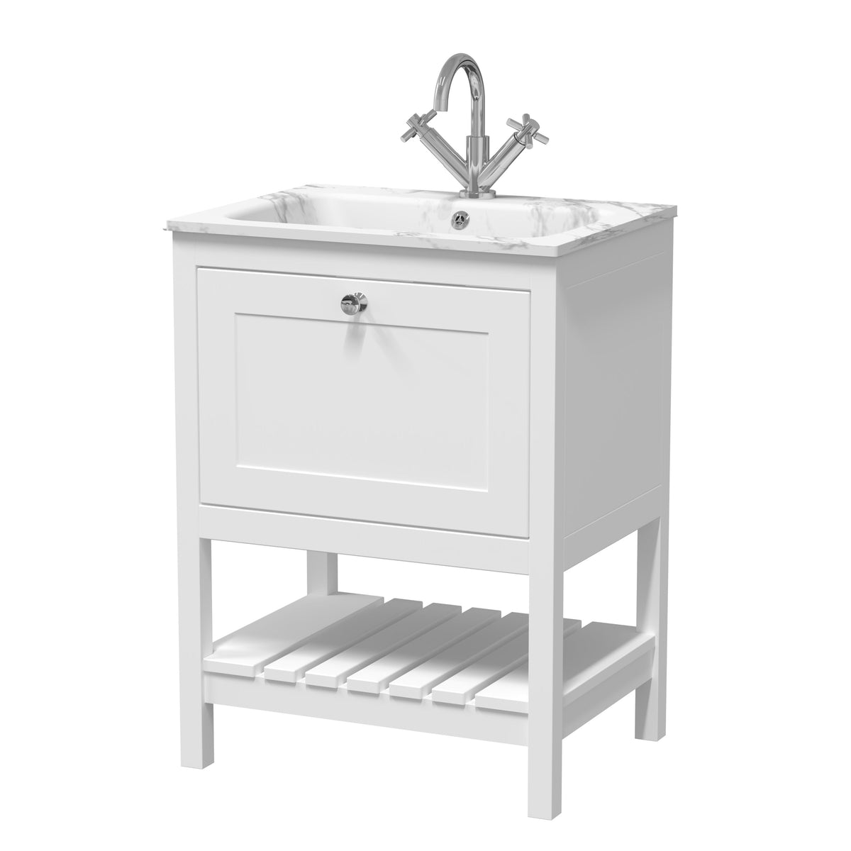 Old London Bexley 600mm 1 Drawer Floor Standing Vanity Unit With 1 Tap Hole Carrerra Marble Stone Basin