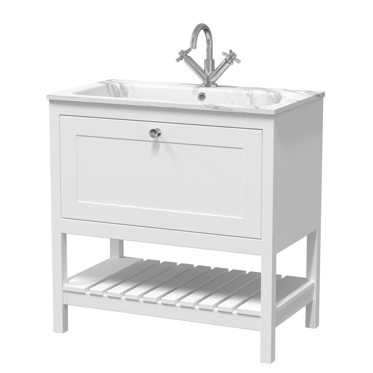 Old London Bexley 800mm 1 Drawer Floor Standing Vanity Unit With 1 Tap Hole Carrerra Marble Stone Basin