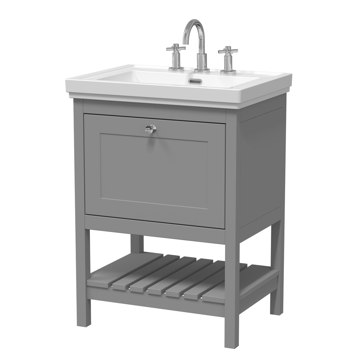 Old London Bexley 600mm 1 Drawer Floor Standing Vanity Unit With 3 Tap Holes Traditional Fireclay Basin