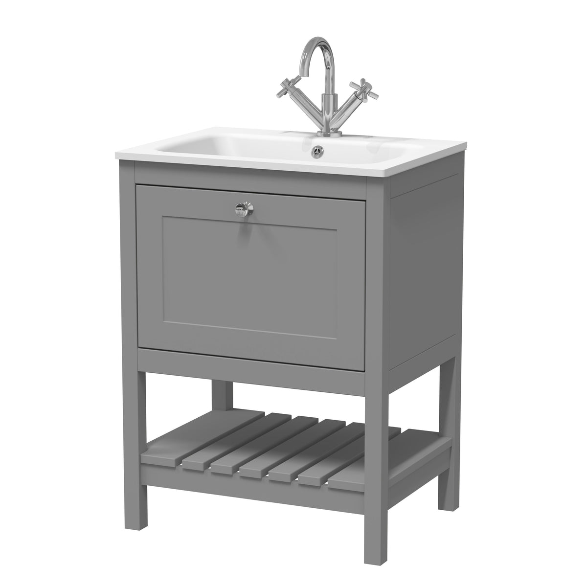 Old London Bexley 600mm 1 Drawer Floor Standing Vanity Unit With 1 Tap Hole White Stone Basin