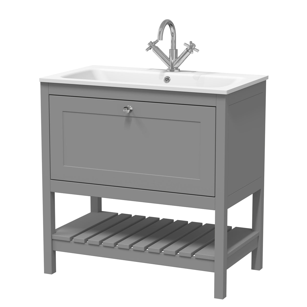 Old London Bexley 800mm 1 Drawer Floor Standing Vanity Unit With 1 Tap Hole White Stone Basin