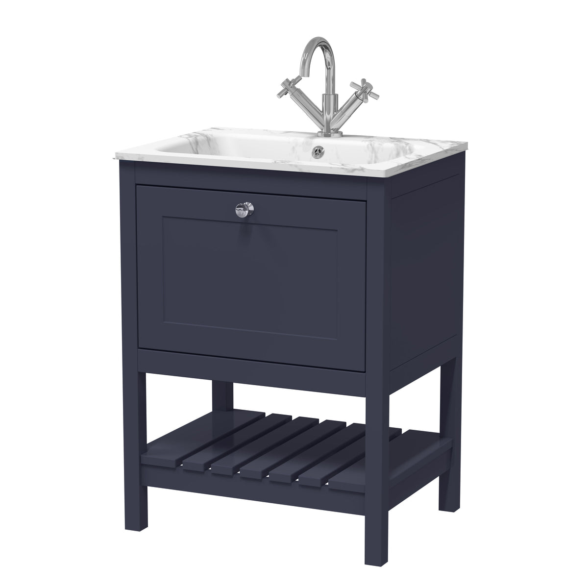 Old London Bexley 600mm 1 Drawer Floor Standing Vanity Unit With 1 Tap Hole Carrerra Marble Stone Basin