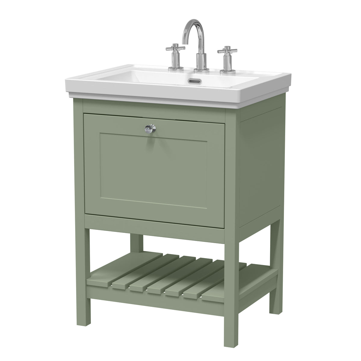 Old London Bexley 600mm 1 Drawer Floor Standing Vanity Unit With 3 Tap Holes Traditional Fireclay Basin
