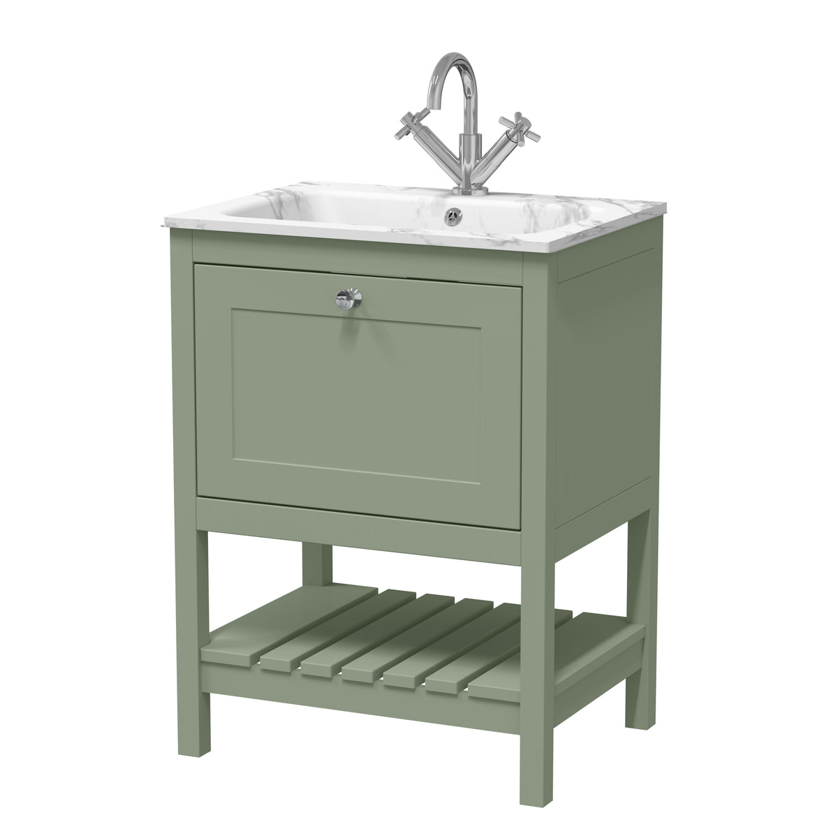 Old London Bexley 600mm 1 Drawer Floor Standing Vanity Unit With 1 Tap Hole Carrerra Marble Stone Basin