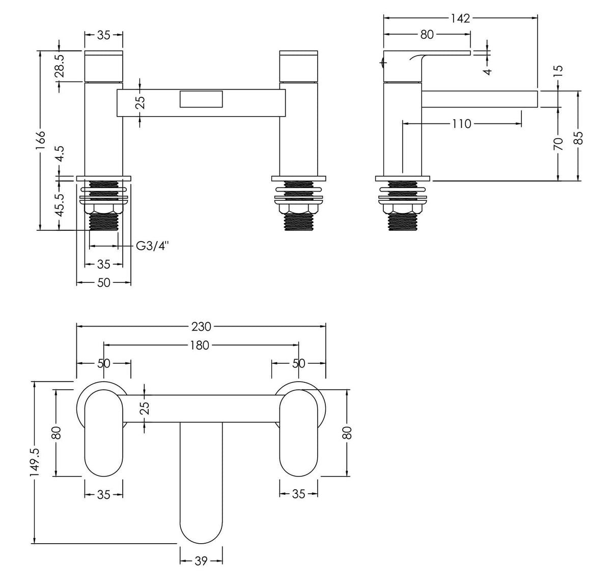nuie Binsey Chrome Deck Mounted Bath Filler - Technical drawing