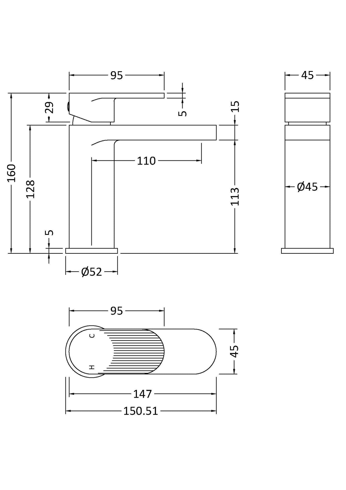 nuie Cyprus Chrome Mono Basin Mixer With Waste - Technical drawing