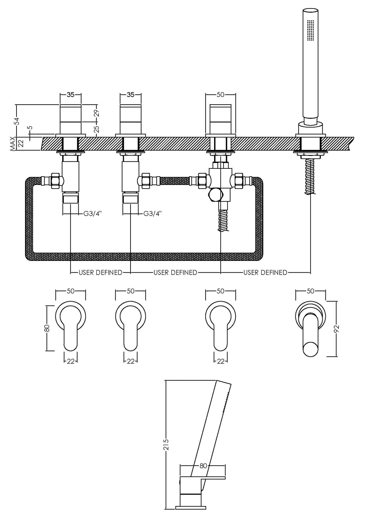 nuie Binsey Chrome 4 Tap Hole Deck Mounted Bath Shower Mixer No Spout - Technical drawing