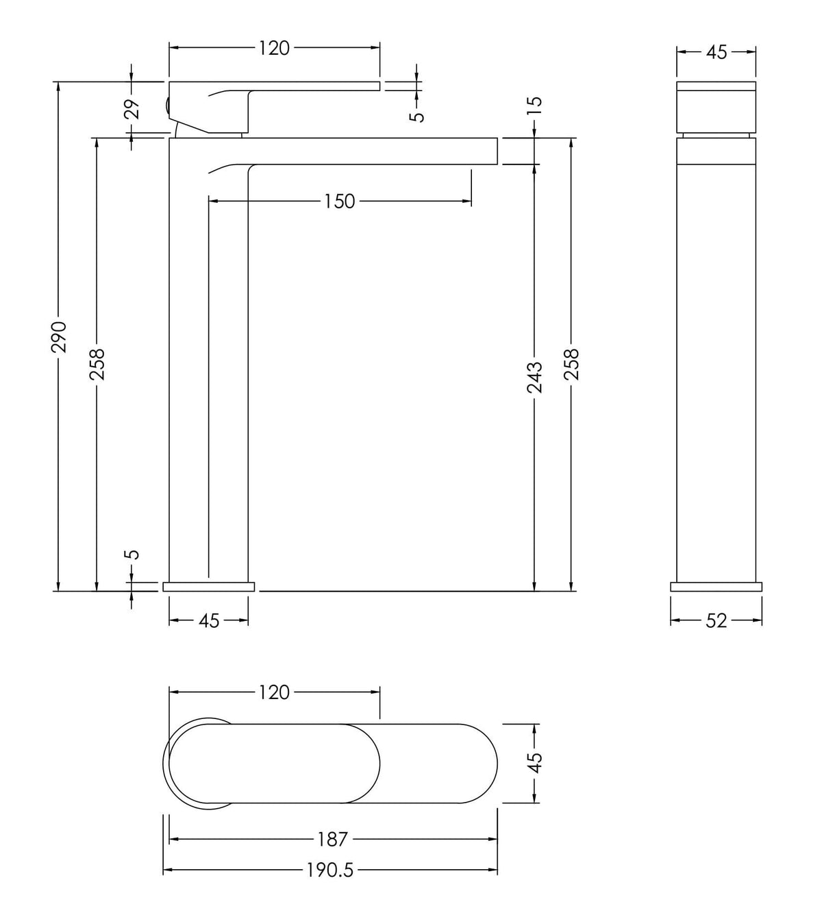 nuie Binsey Chrome High Rise Mono Basin Mixer - Technical drawing