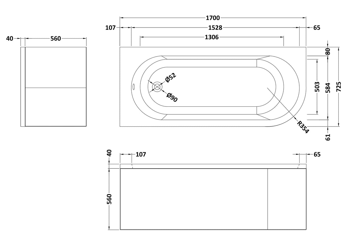 Nuie Crescent 1700mm Left-Hand Curved Corner Bath With Legs And Panel