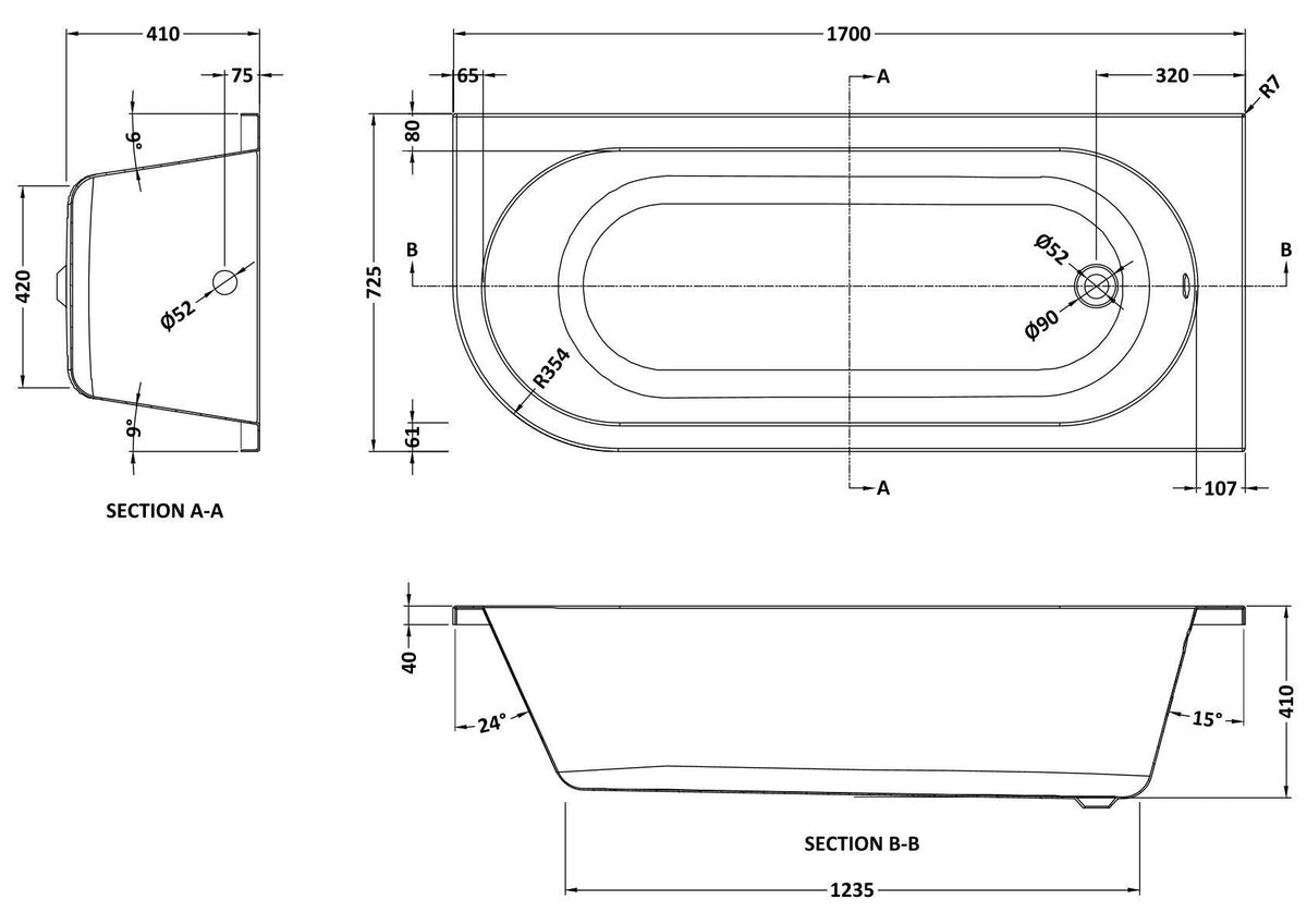 Nuie Crescent 1700mm Right-Hand Curved Corner Bath With Legs And Panel