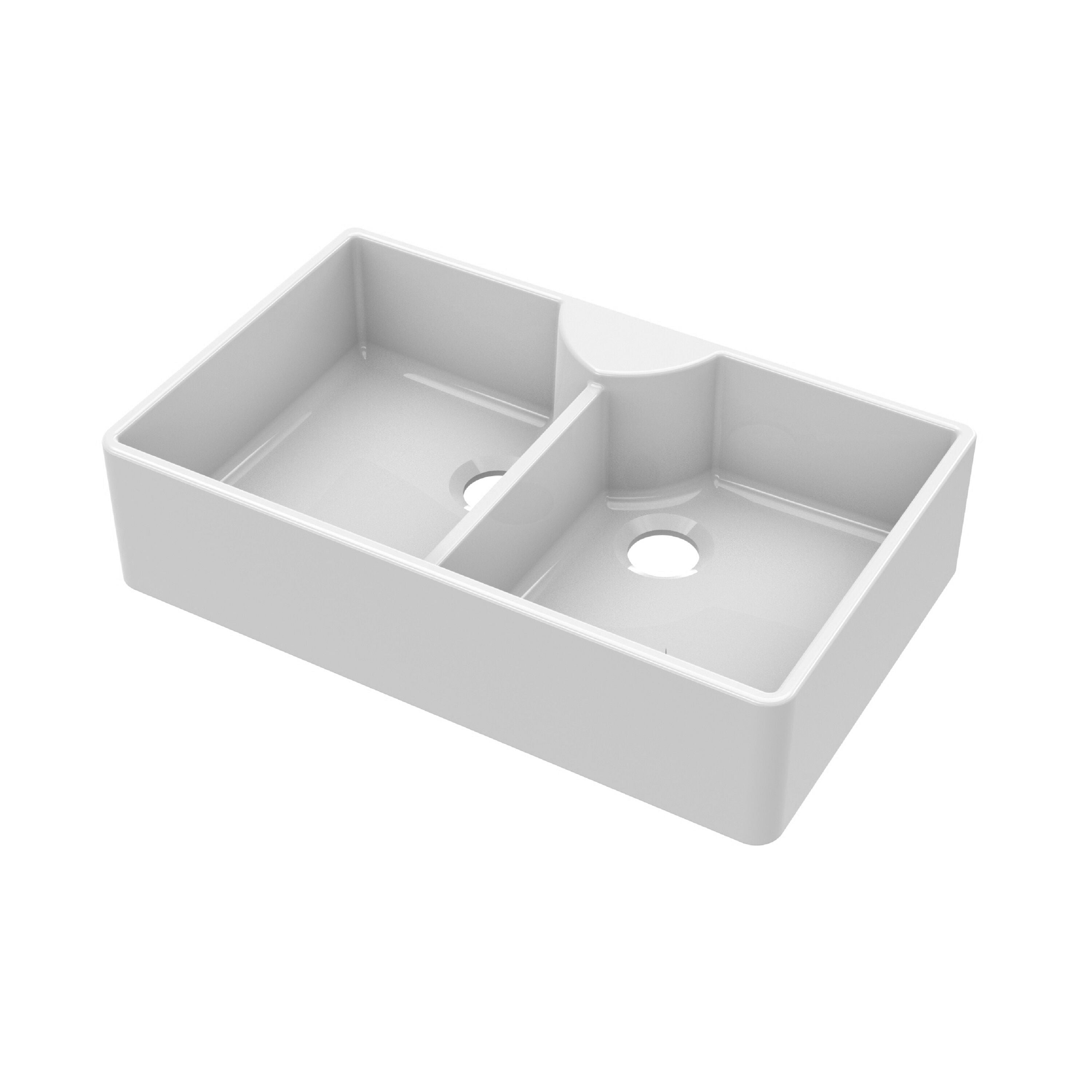 nuie 895mm x 550mm x 220mm Fireclay White Double Bowl Butler Sink With Stepped Weir And Tap Ledge
