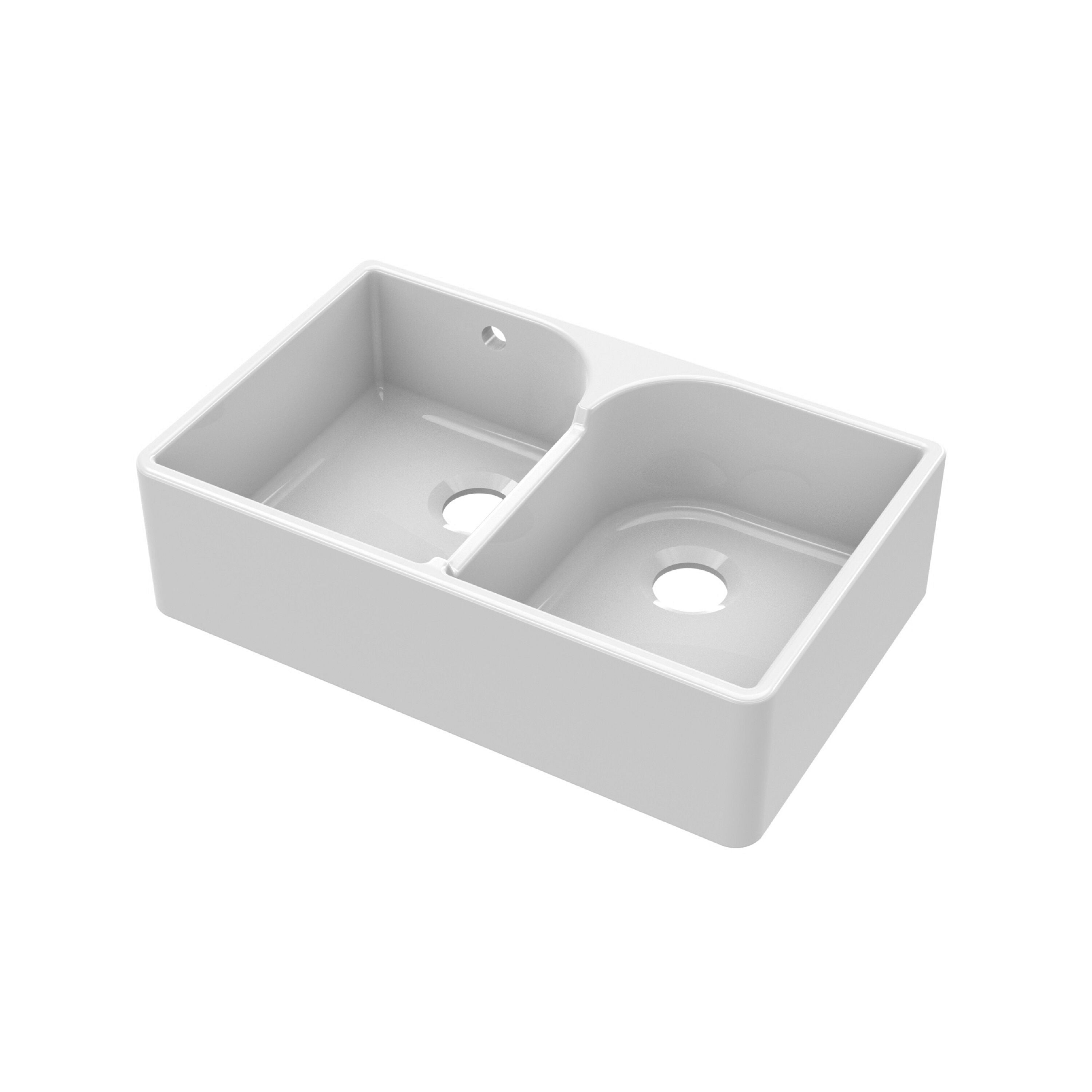 nuie 795mm x 500mm x 220mm Fireclay White Double Bowl Butler Sink With Stepped Weir And Overflow