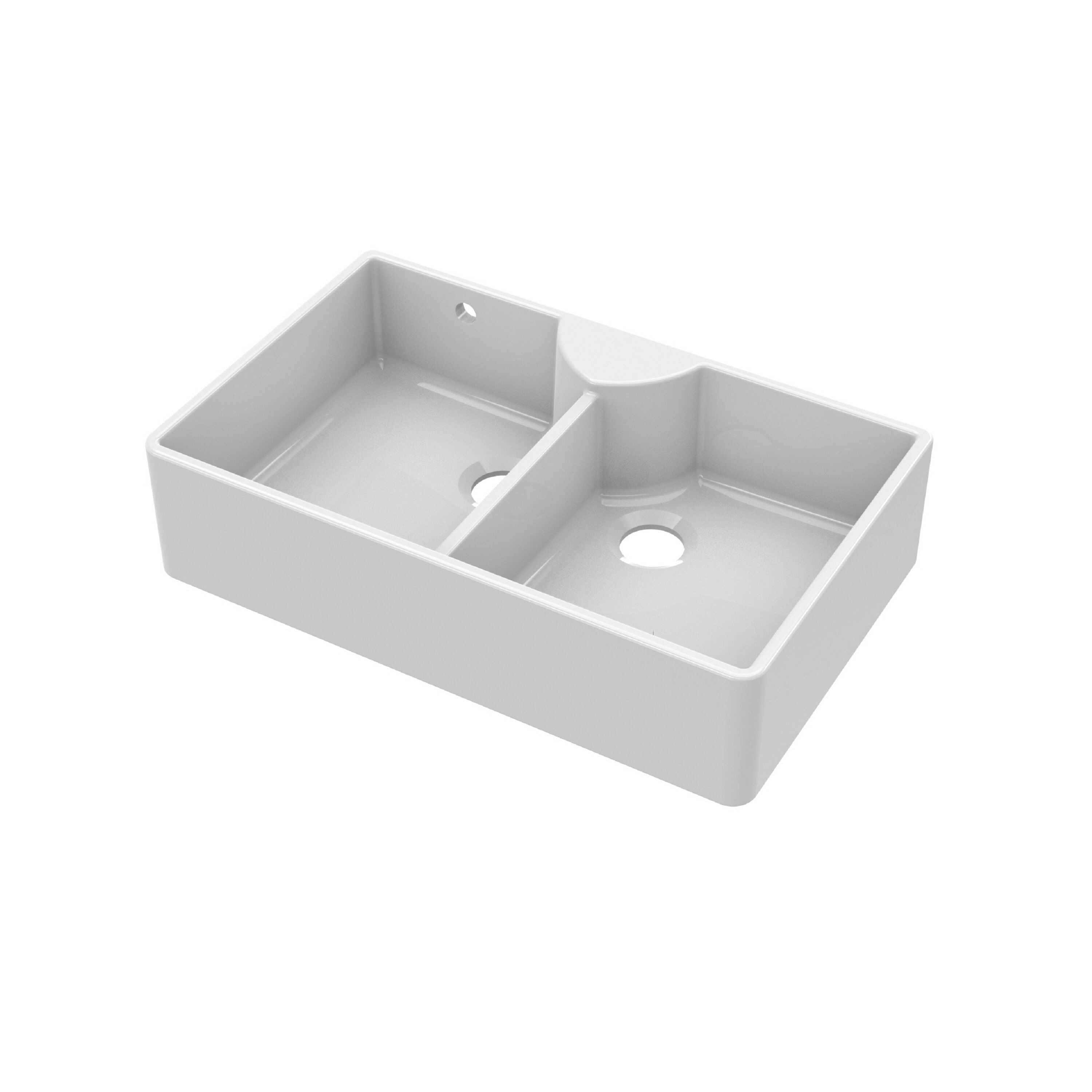 nuie 895mm x 550mm x 220mm Fireclay White Double Bowl Butler Sink With Stepped Weir And Tap Ledge